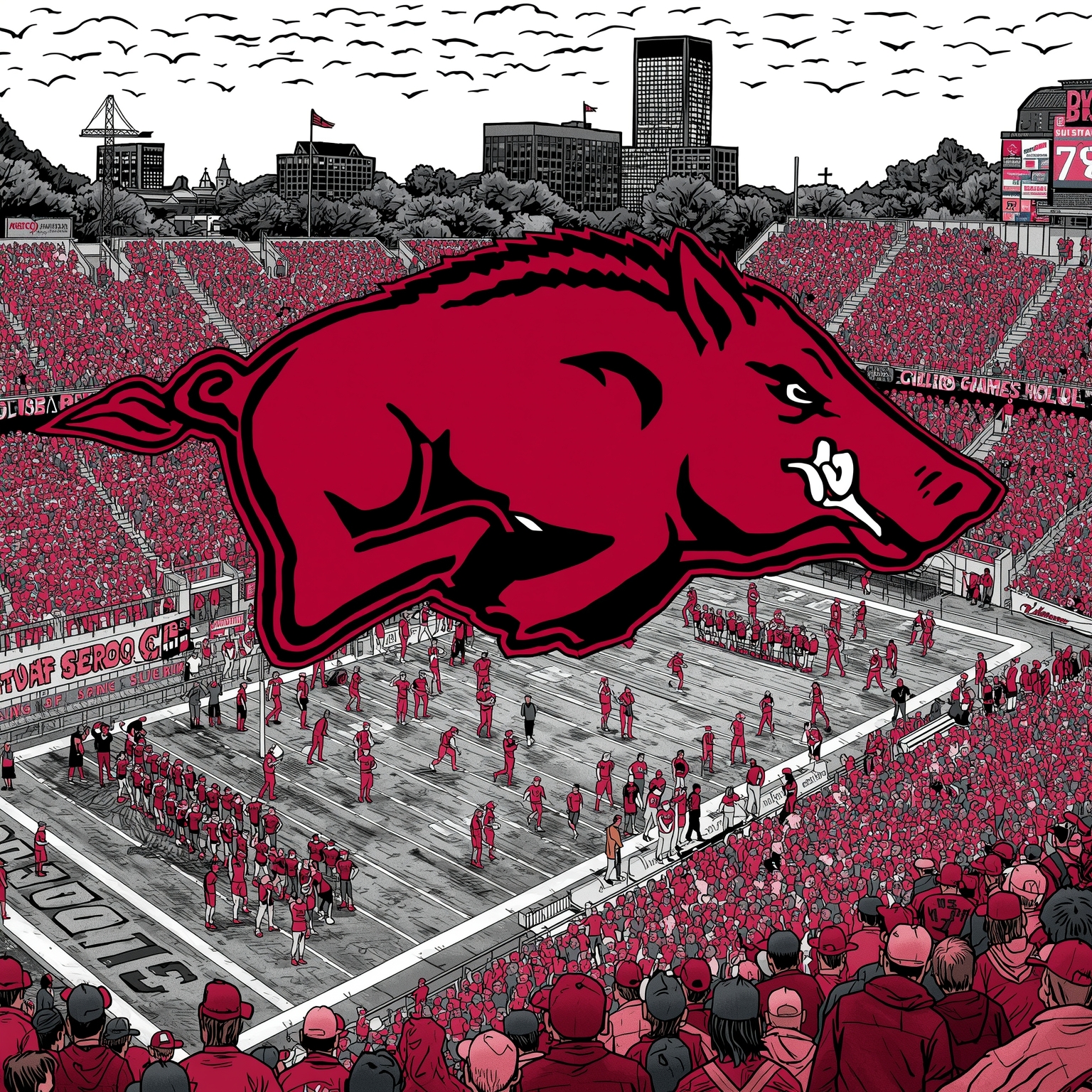 Hogs' Spring Chaos and Sooner Resurgence Prophecy - painting of Arkansas Razorbacks football,basketball venue