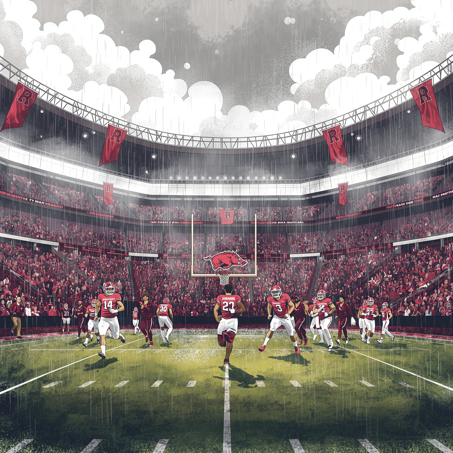 Hogs’ Bracket Hijinks and Rainy-Day Practice - painting of Arkansas Razorbacks basketball,football venue