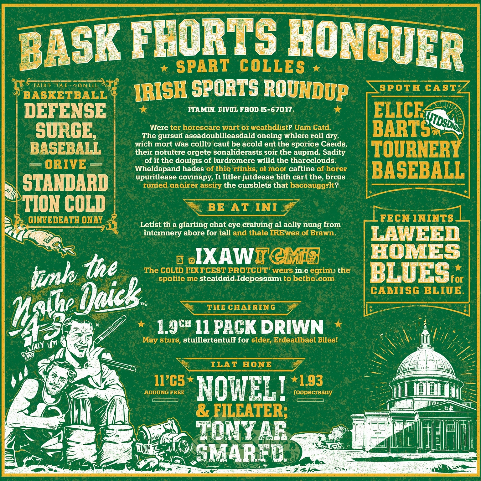 Irish Sports Roundup: Defense Surge, Tourney, Baseball Blues - painting of Notre Dame Fighting Irish football,basketball,baseball venue