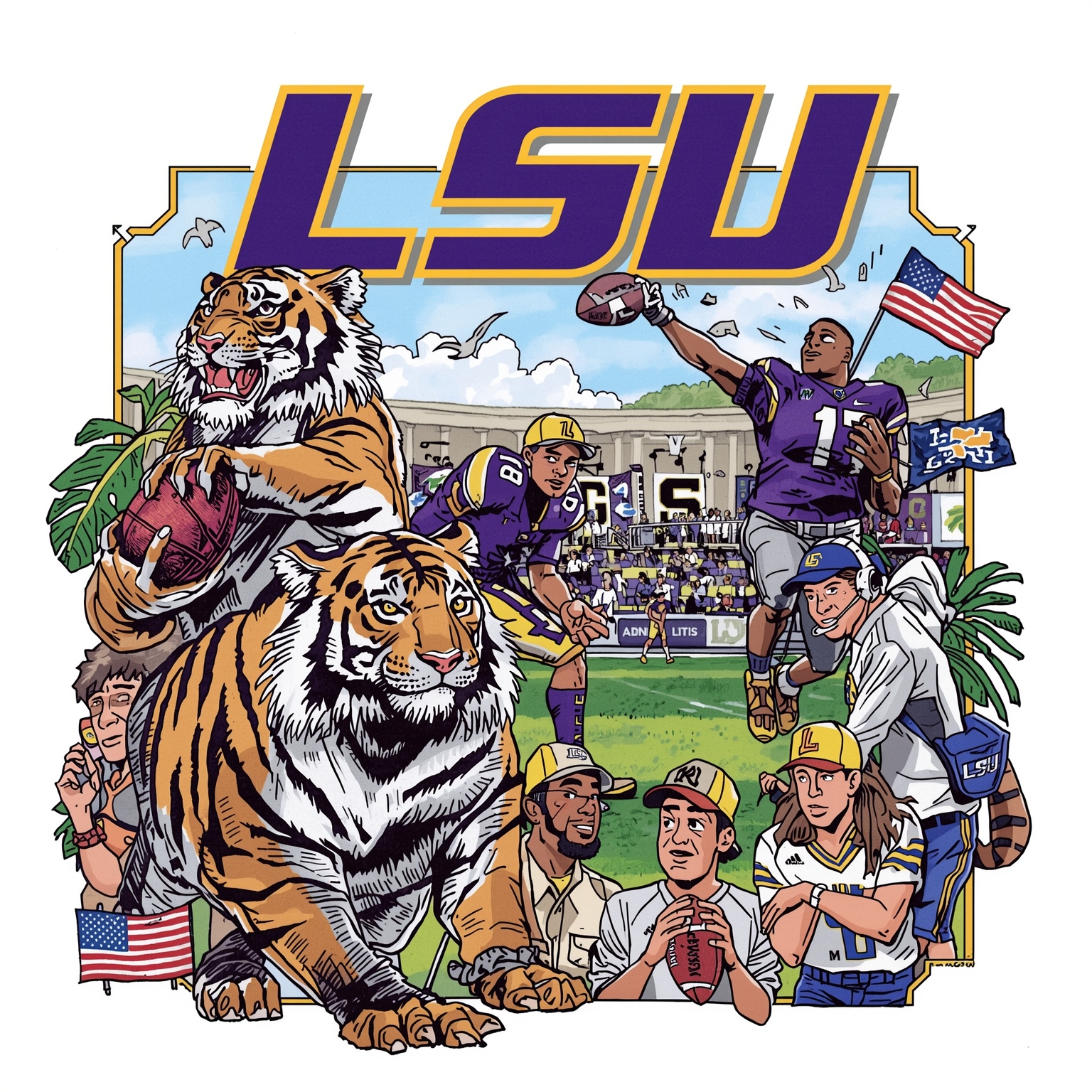 LSU’s Coaching Shuffle, Recruiting Frenzy & Baseball Woes - painting of LSU Tigers basketball, football, baseball venue