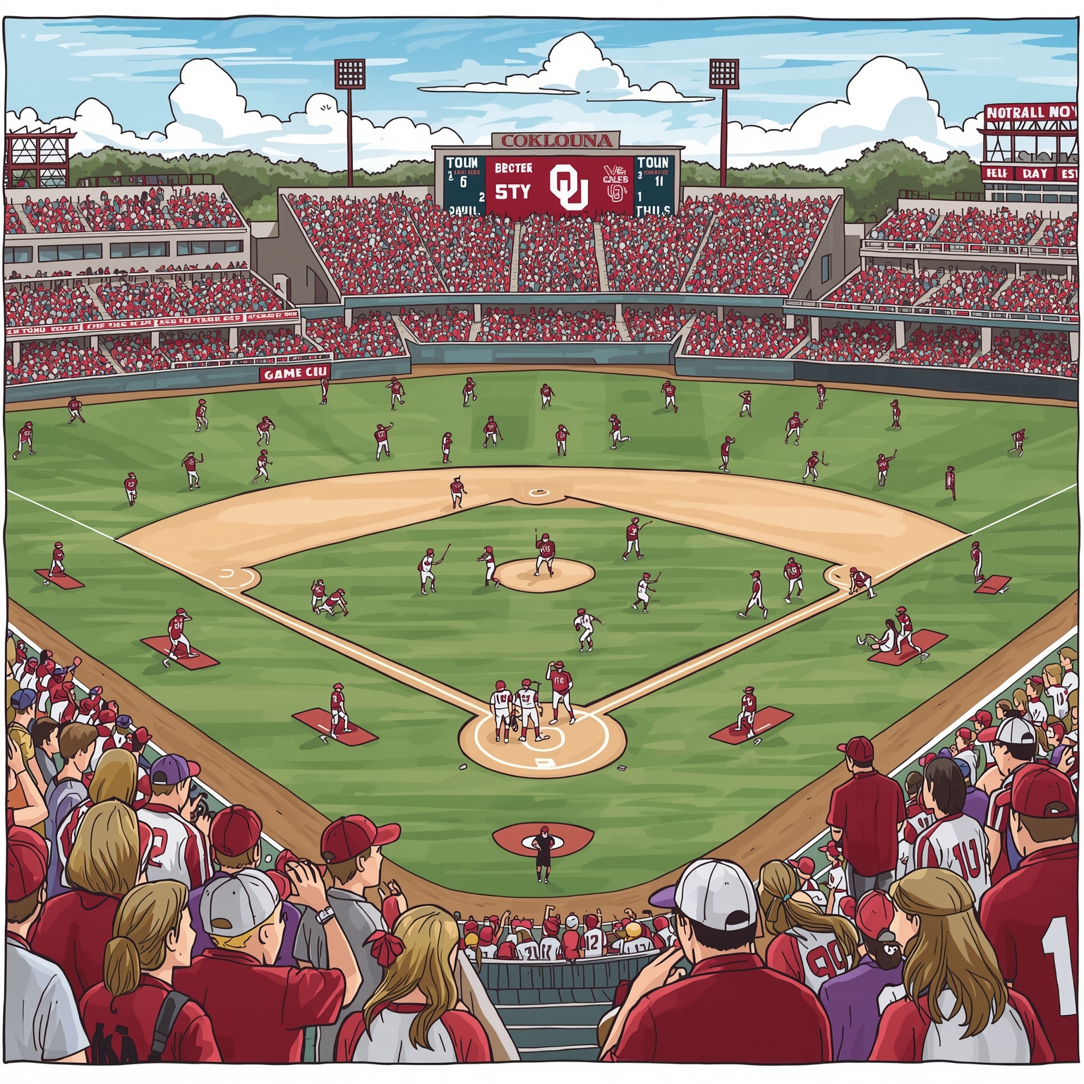 Oklahoma Sports Shake-Up: Softball, Coaches & Lineman - painting of Oklahoma Sooners football, softball venue