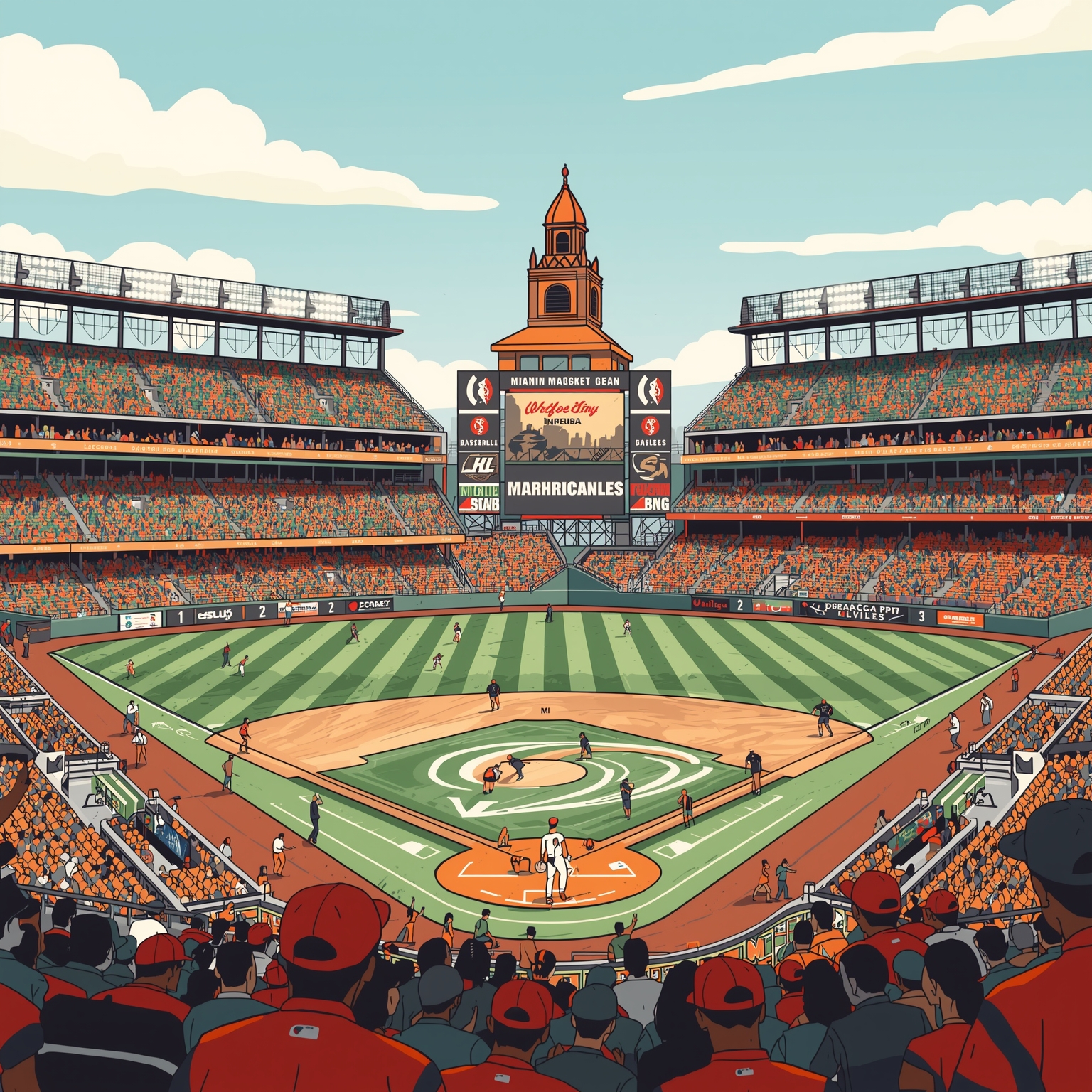 Miami's Midweek Homer & March Madness Mayhem - painting of Miami Hurricanes baseball,basketball venue