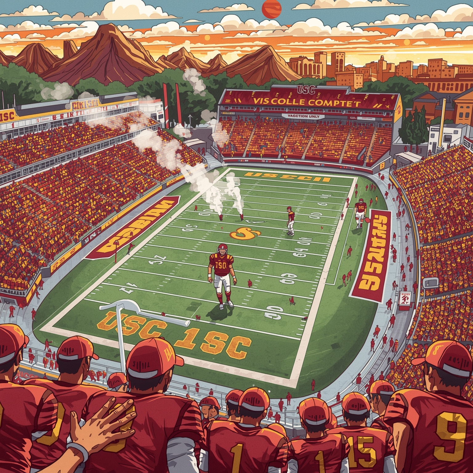 USC Trojans Unveil Fresh Faces, Jersey Drama & Odds - painting of USC Trojans football venue