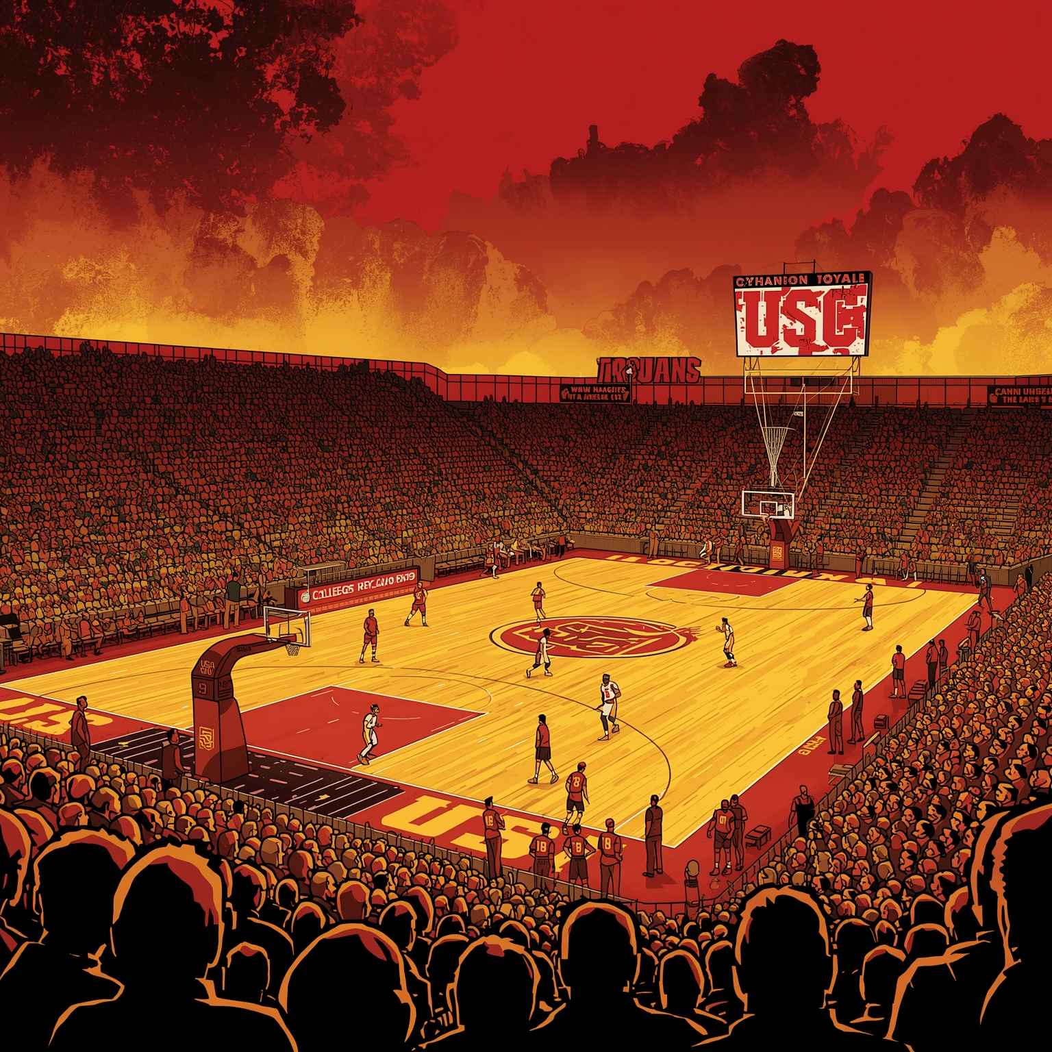 USC Trojans Shake-Up: Coaching, Recruiting & March Madness - painting of USC Trojans basketball, football venue