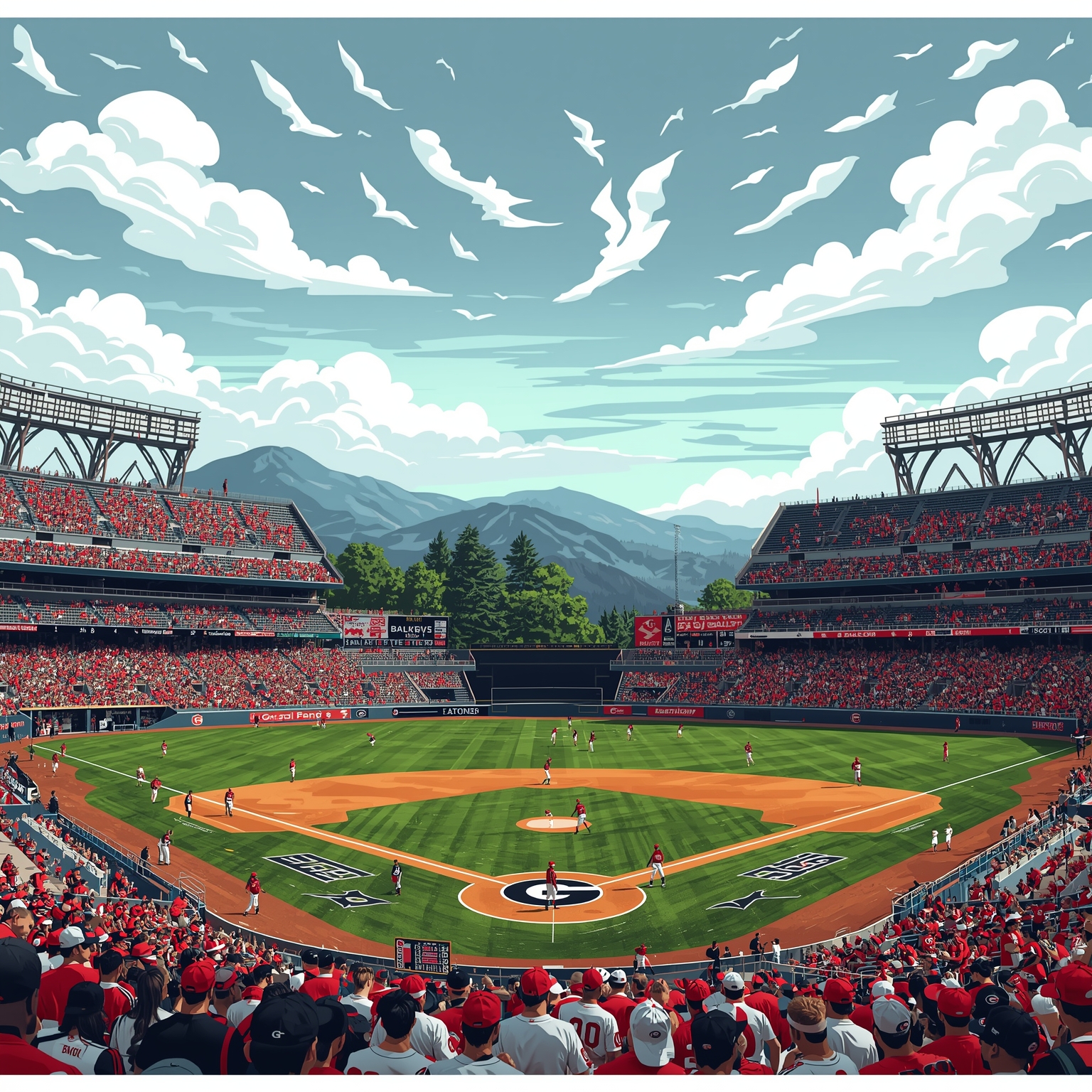 Georgia Dawgs Dominate Baseball, Land Legacy Lineman - painting of Georgia Bulldogs baseball, football venue