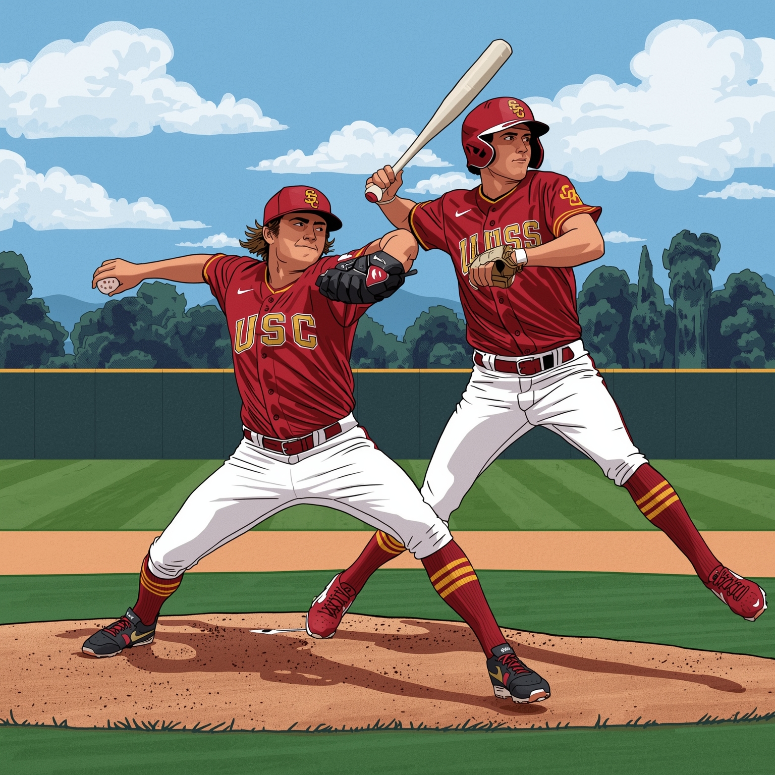 USC's Two New Phenoms: Ace Pitcher & Lightning Recruit - painting of USC Trojans baseball,football venue