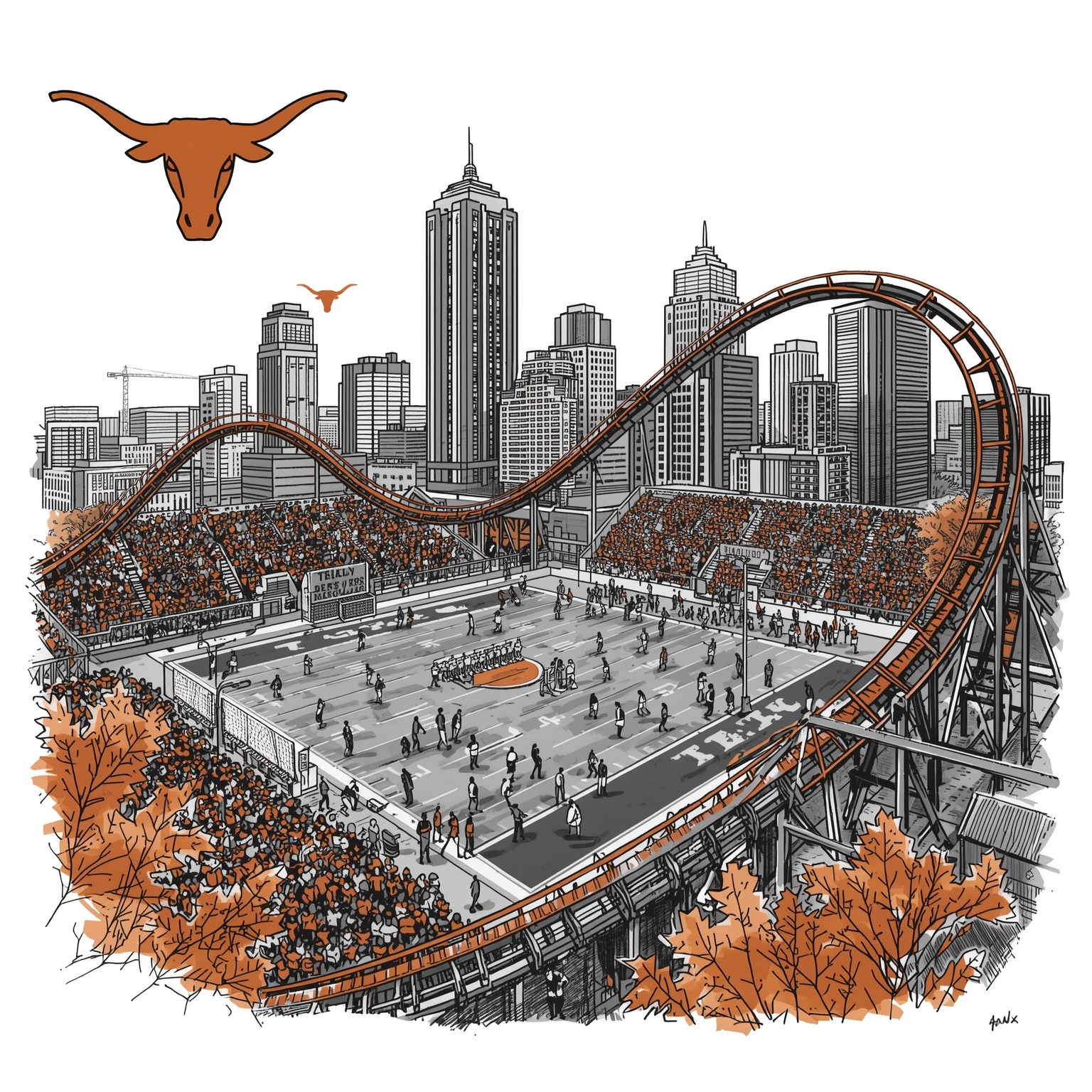 Longhorns' Rollercoaster: Surgeries, Rankings & Clutch Play - painting of Texas Longhorns basketball, football, softball, baseball venue