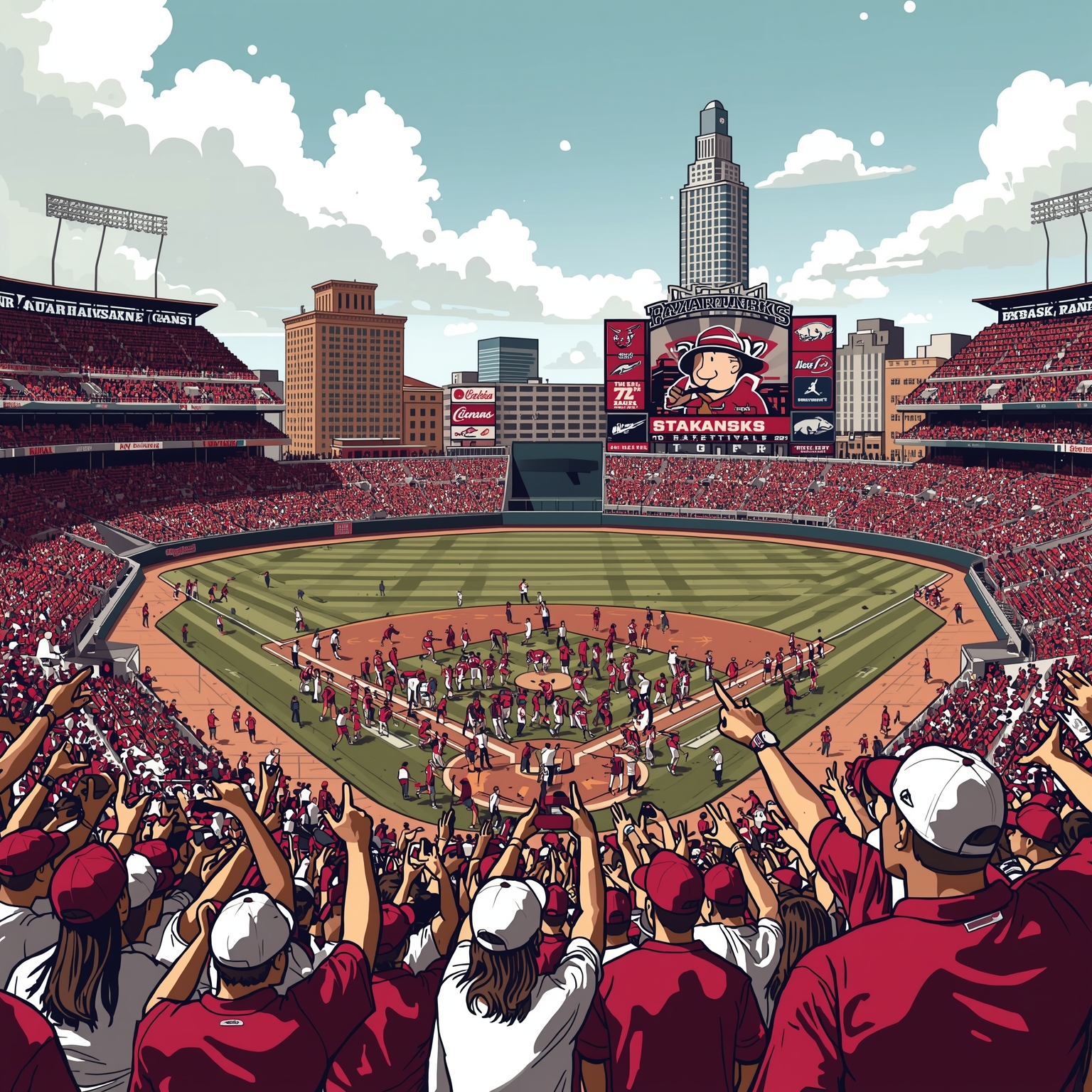 Hog Wild: Arkansas' Baseball, Basketball, and Fan Frenzy - painting of Arkansas Razorbacks baseball,basketball venue