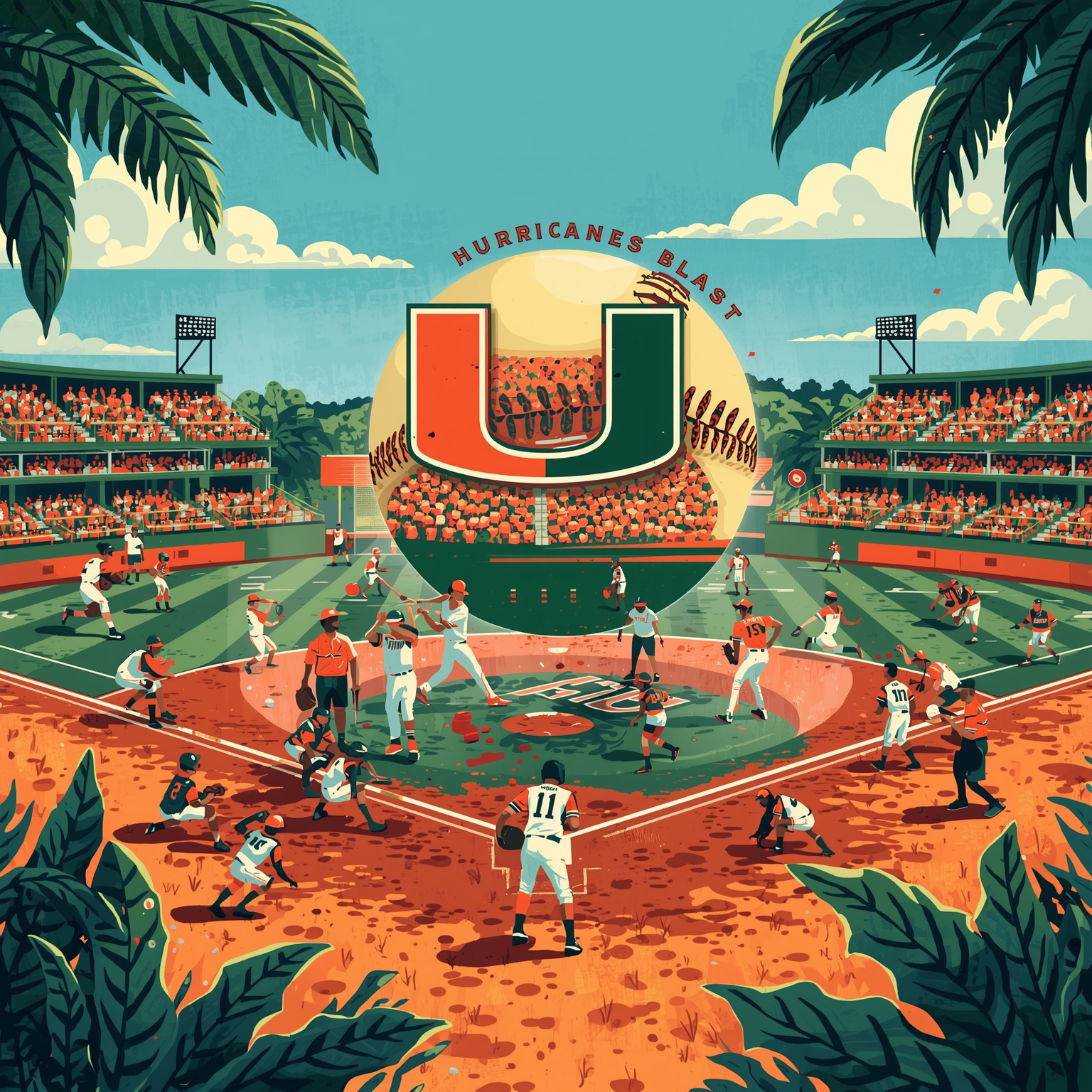 Miami's Baseball Blast & Football Spring Surge - painting of Miami Hurricanes baseball, football venue