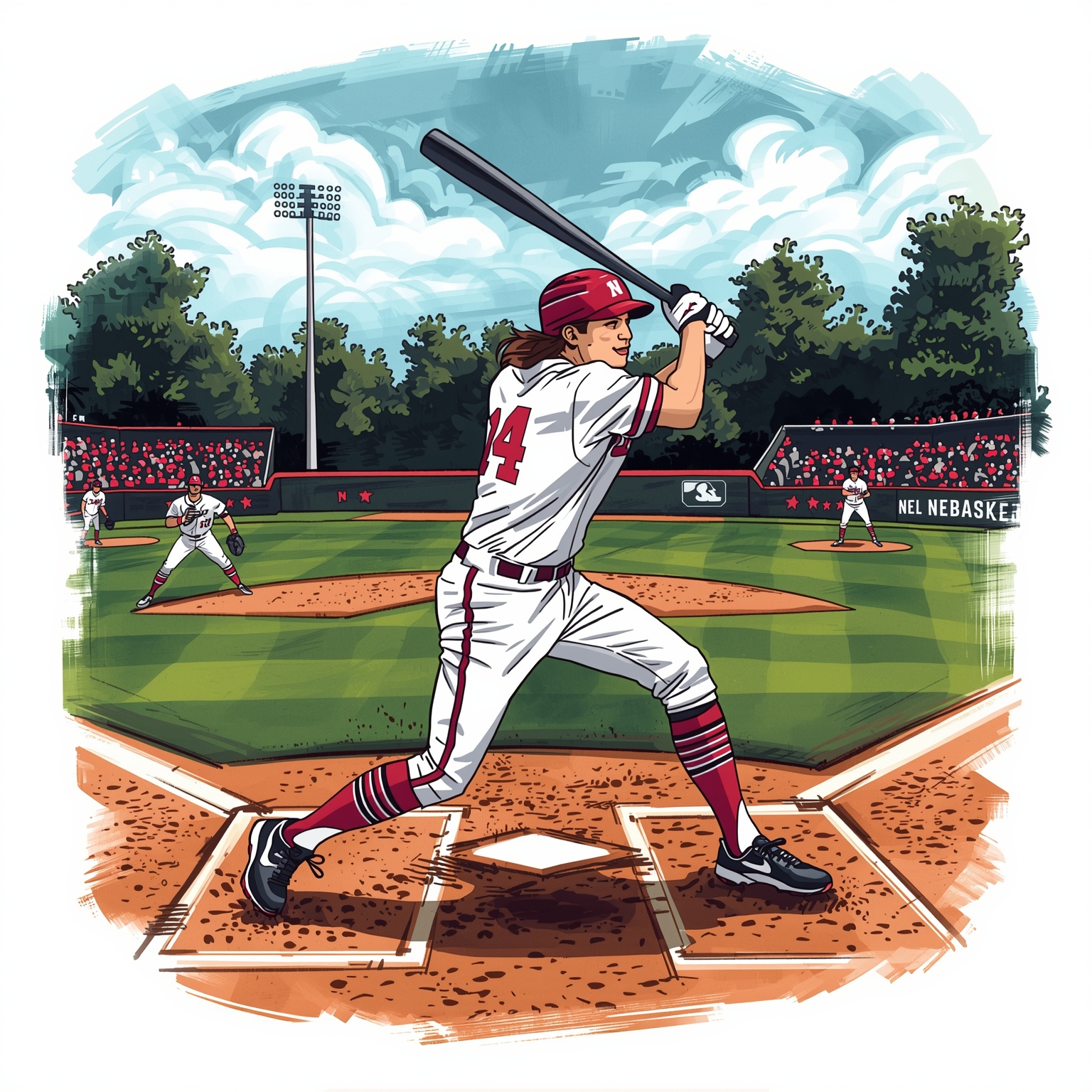 Huskers Baseball Dominates, Softball Stumbles - painting of Nebraska Cornhuskers baseball,softball venue