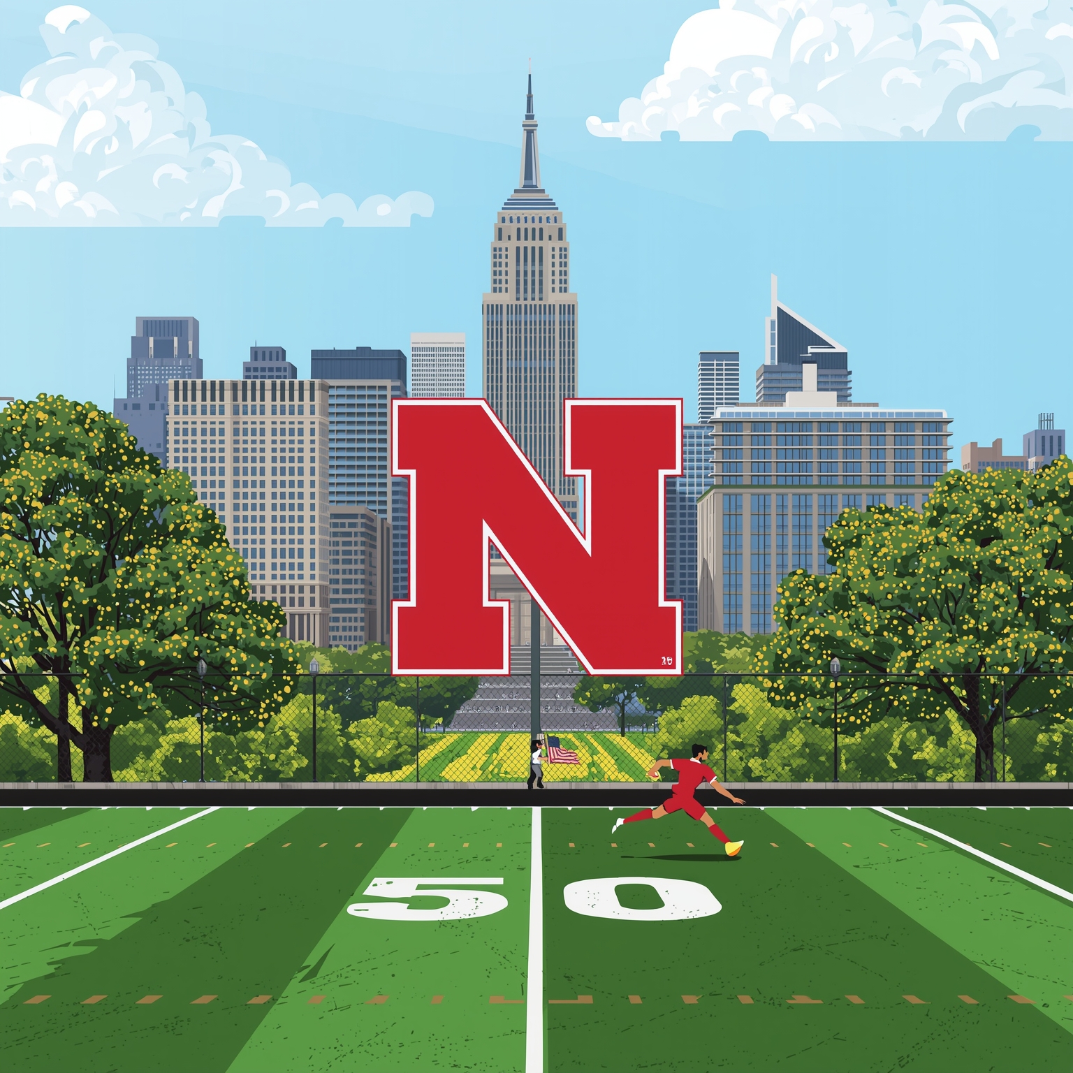 Springtime Huskers: Football, Baseball, Volleyball & More - painting of Nebraska Cornhuskers football, baseball, volleyball venue