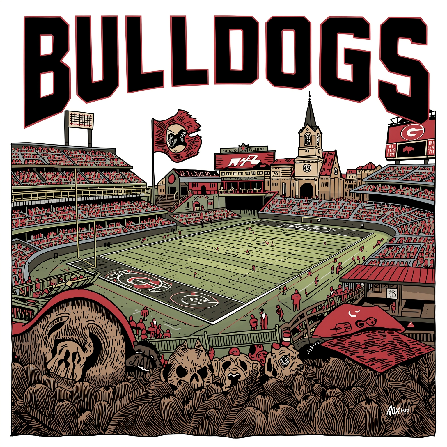 Bulldogs’ Baseball Boost, Tight End Terror & NFL Picks - painting of Georgia Bulldogs baseball, football venue