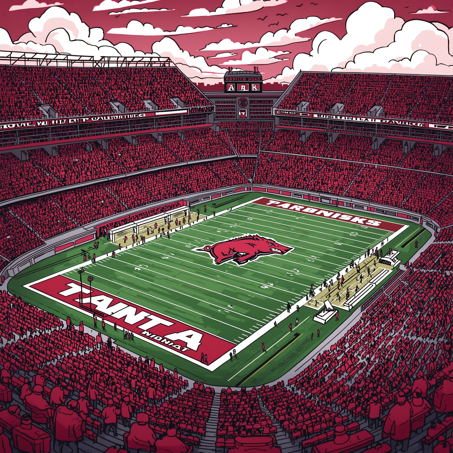 Hog Coaching Overhaul Meets Transfer Portal Chaos - painting of Arkansas Razorbacks football,basketball venue