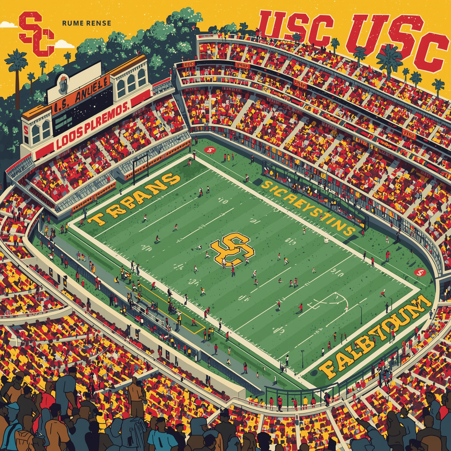 Trojans' Momentum: Recruits, Coaches, and Rising Stars - painting of USC Trojans football venue