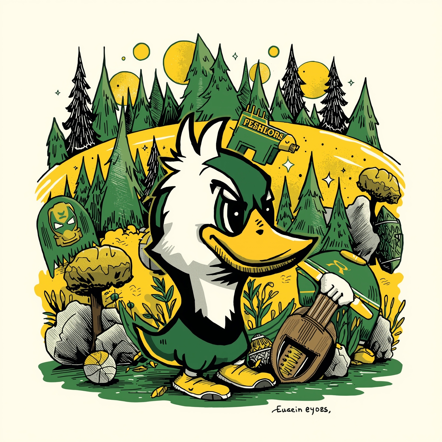 TITLE Oregon Ducks Shuffle: QBs Speak and Backcourt Shakeup - painting of Oregon Ducks football,basketball venue
