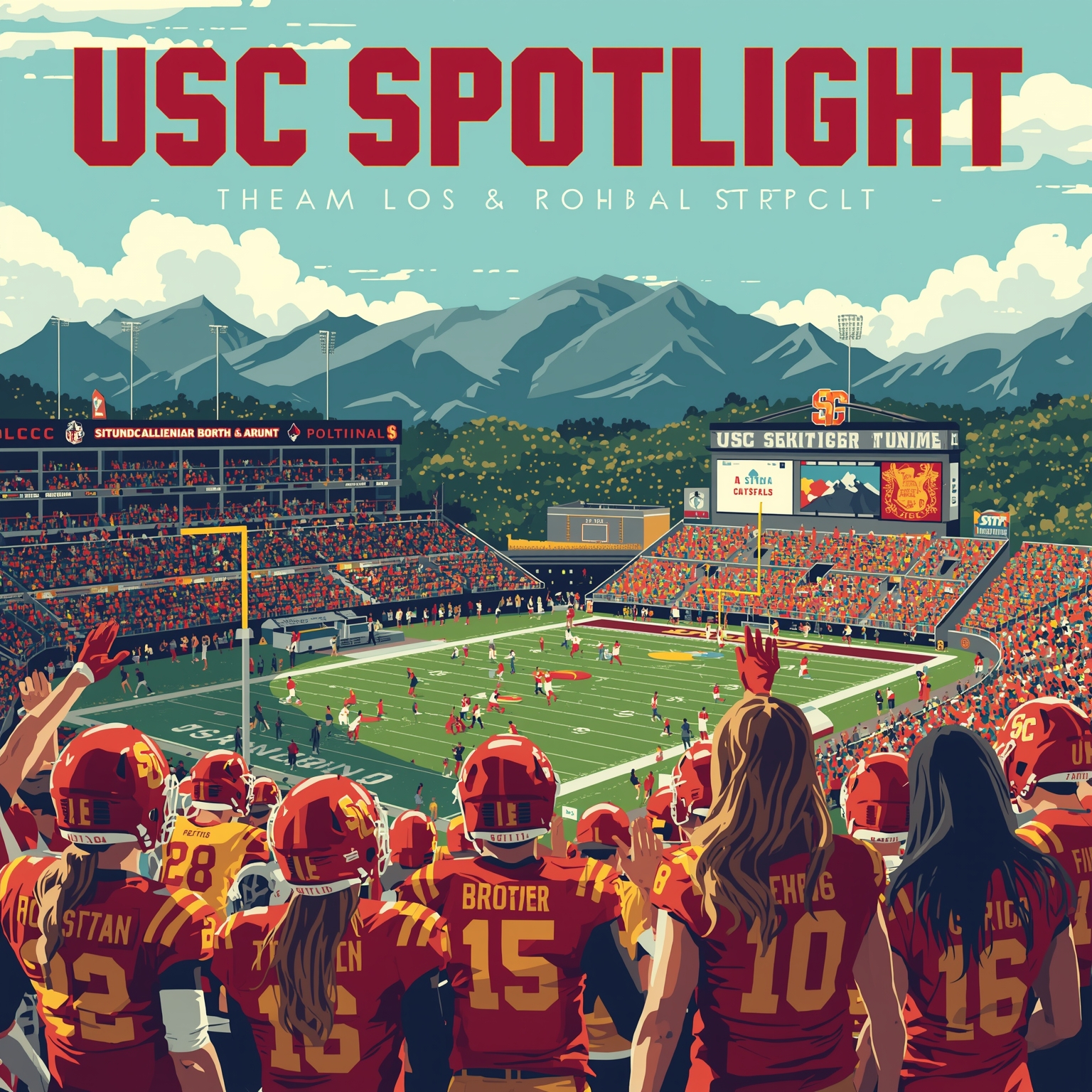 USC Spotlight: Recruiting Surge, Offense Keys, Women's Lineup - painting of USC Trojans football, basketball venue