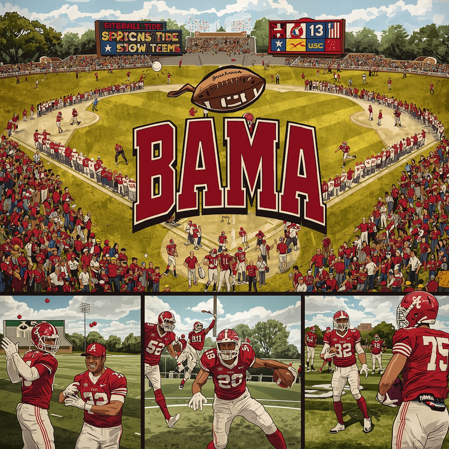 TITLE: Alabama Spring Sports Roundup: Softball, A-Day & SEC Media - painting of Alabama Crimson Tide football,softball venue