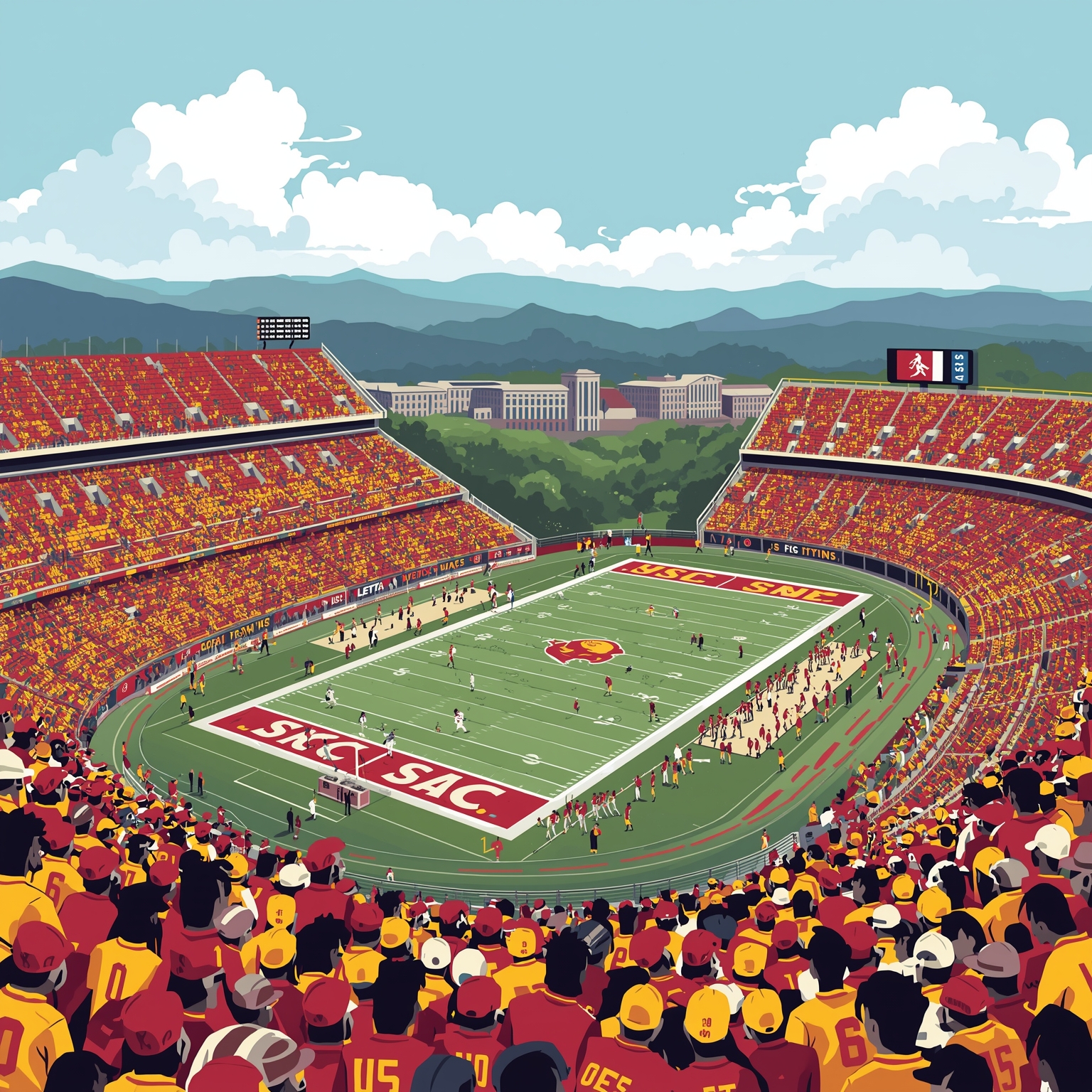 USC Trojans: Draft Picks, Portal Moves & Playoff Hopes - painting of USC Trojans football, basketball venue