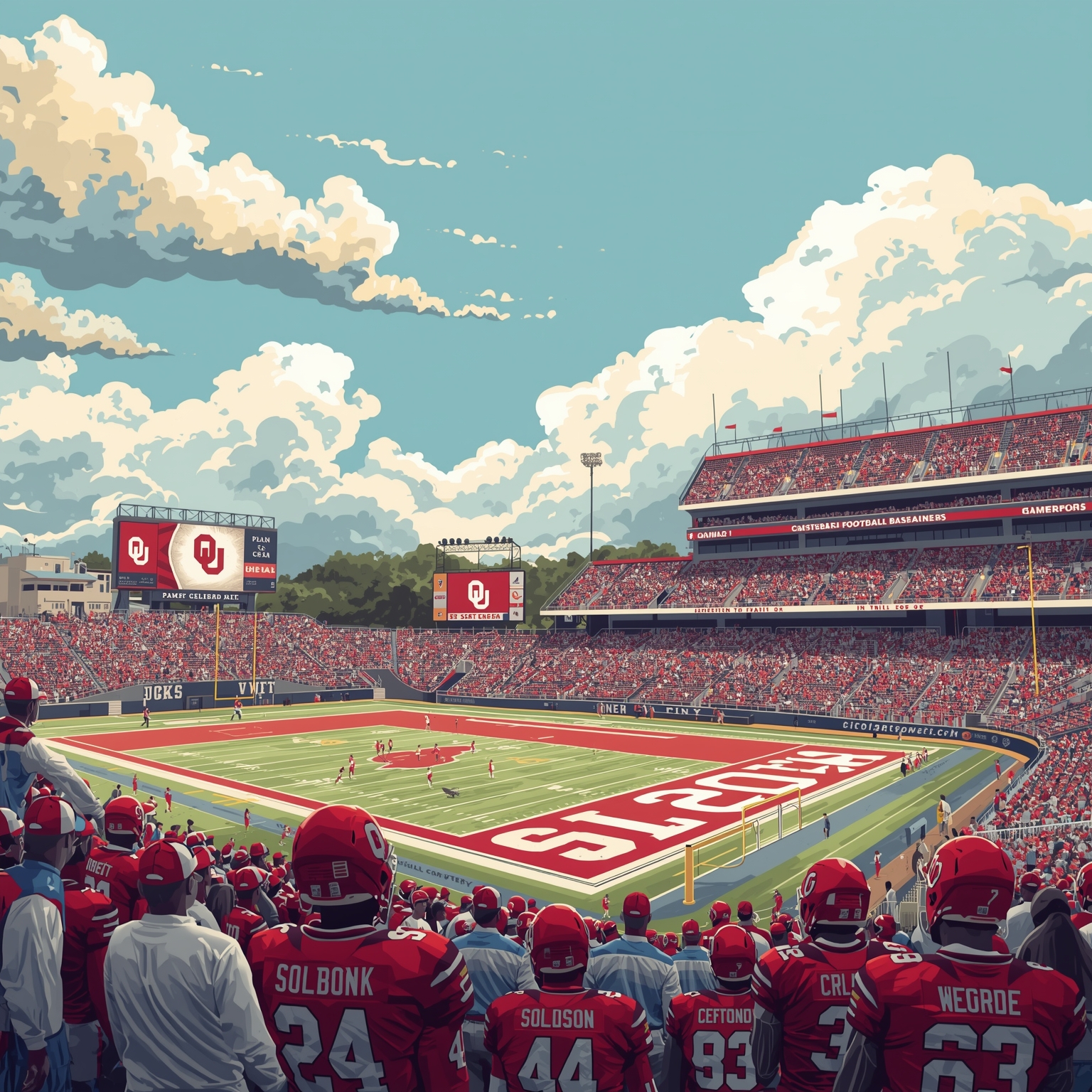Sooners Scene: QB Growth, Transfers, Baseball & Weather - painting of Oklahoma Sooners football, baseball, softball venue