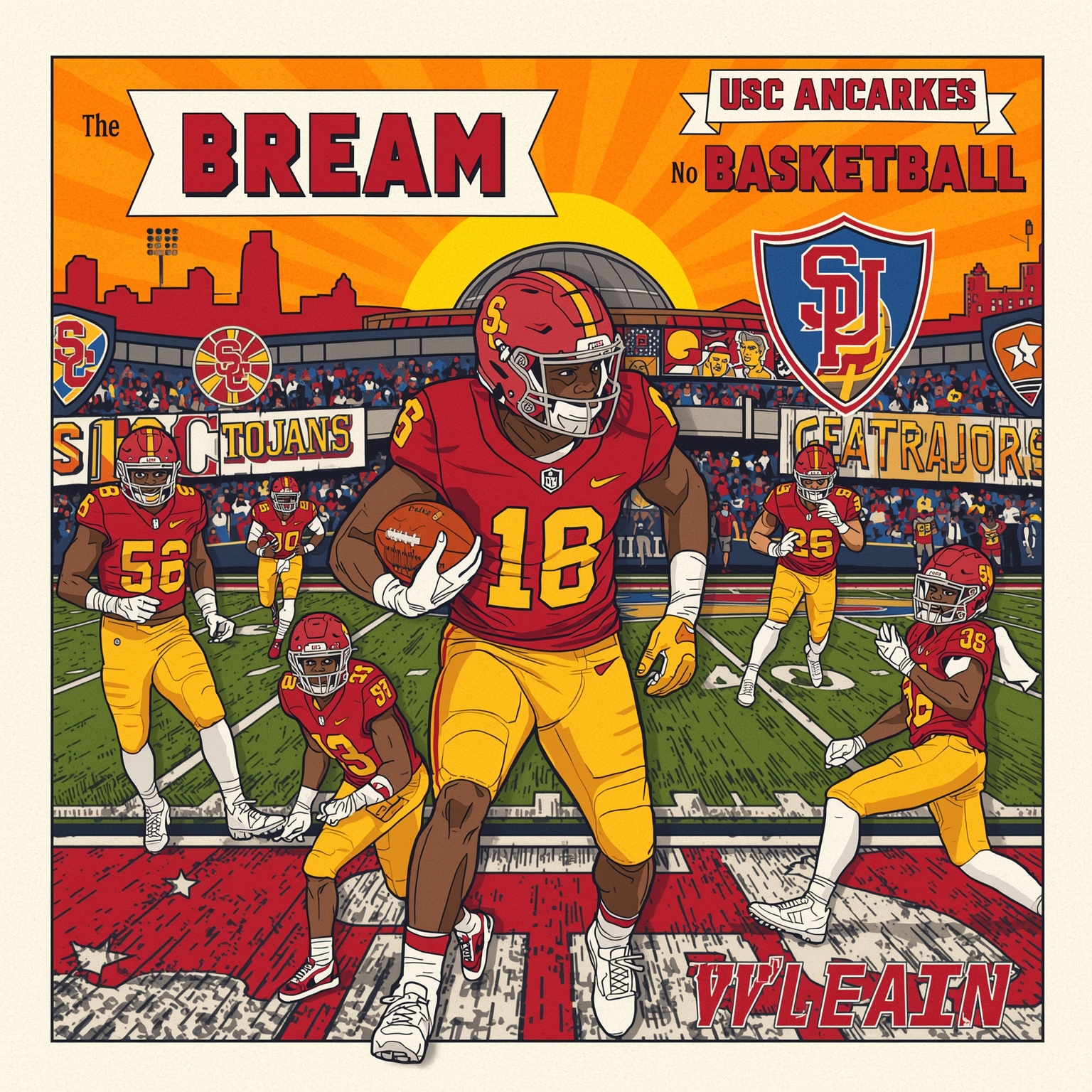 Trojan Talent: From Hardwood Stars to NFL Sleeper - painting of USC Trojans basketball, football venue