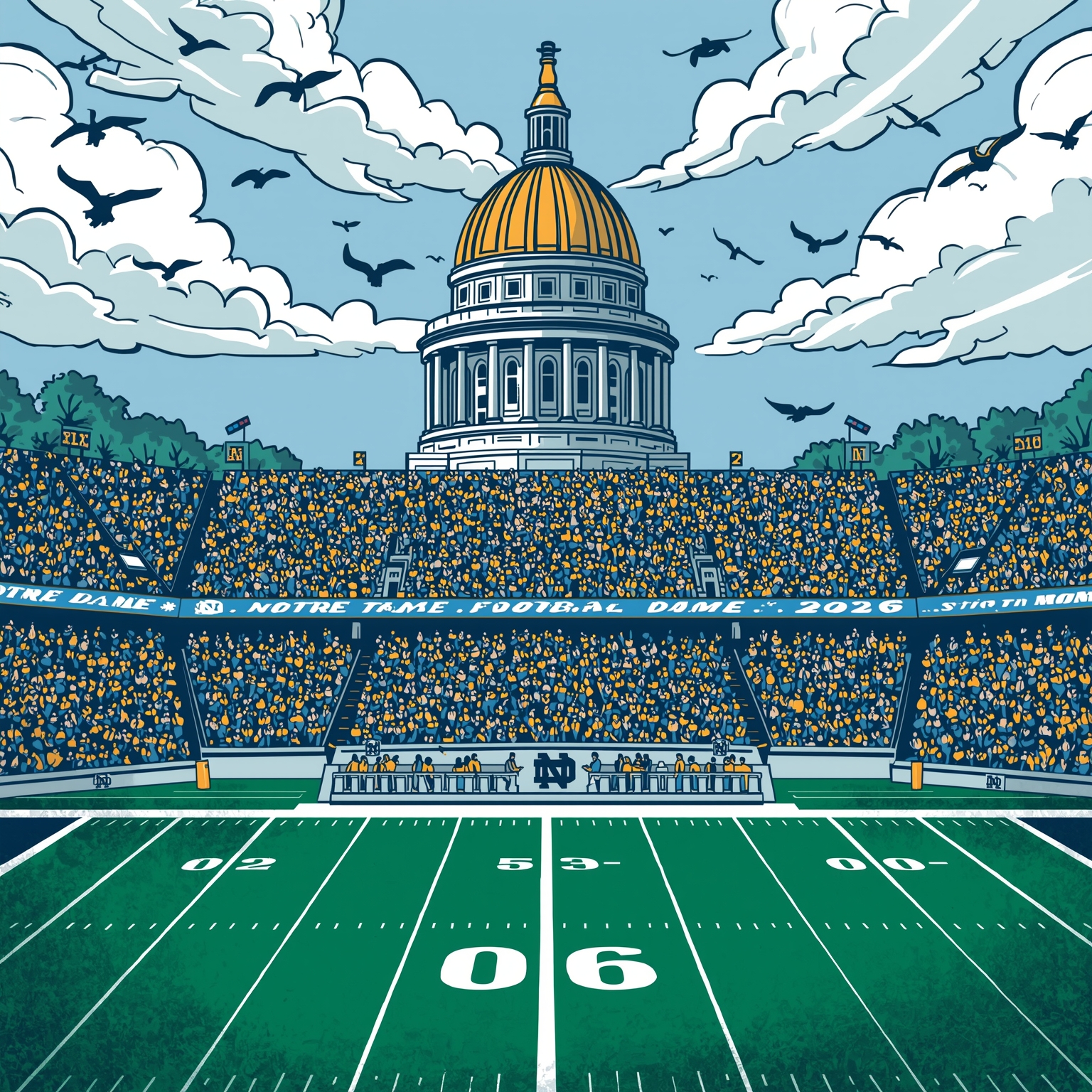 ND’s 2026 Football Ride: Stars, Stumbles & Showdowns - painting of Notre Dame Fighting Irish football venue