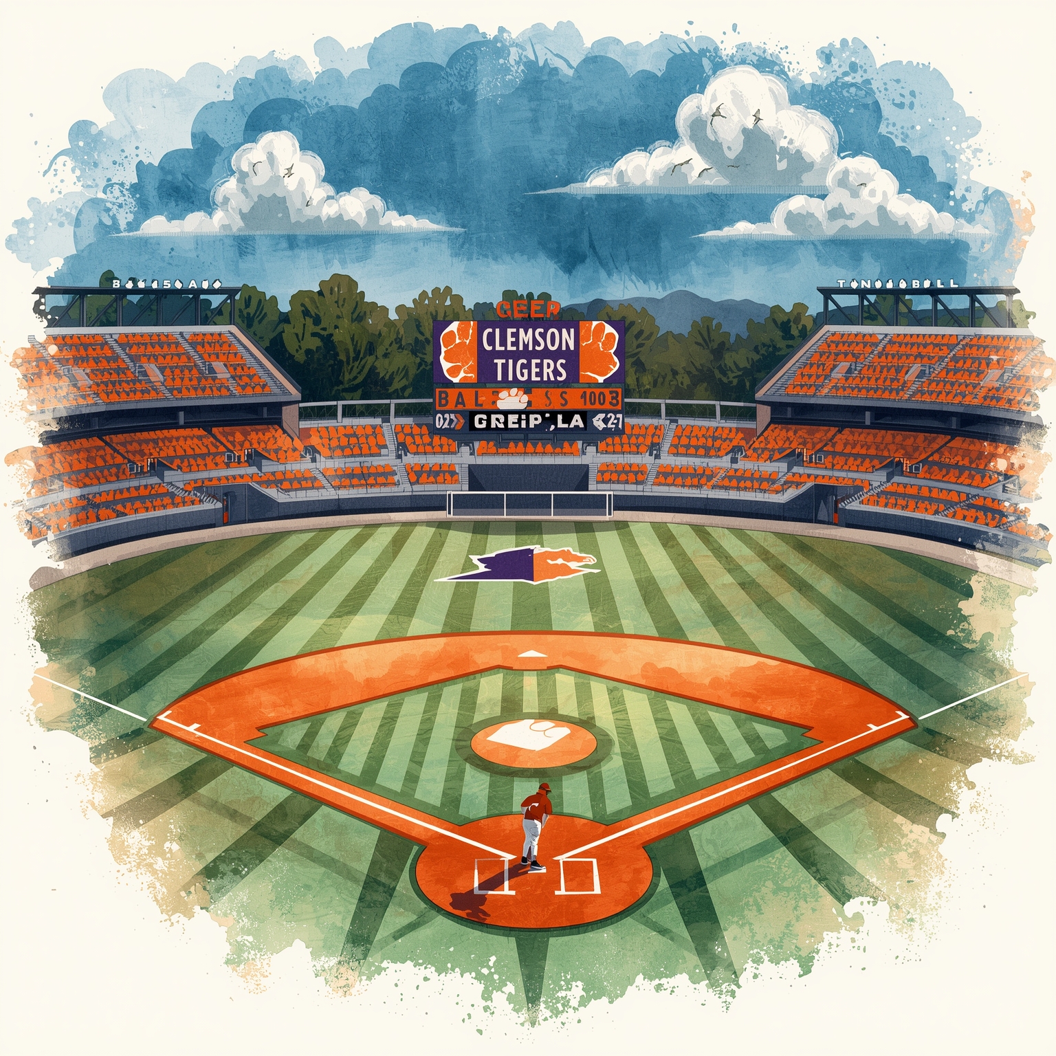 Clemson Tigers’ Tournament Hopes Hang by a Thread - painting of Clemson Tigers baseball venue