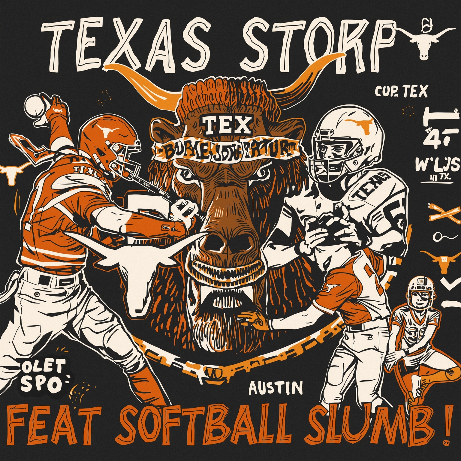 Texas Sports Recap: Masters Feat to Softball Slump - painting of Texas Longhorns golf, softball, football, baseball venue