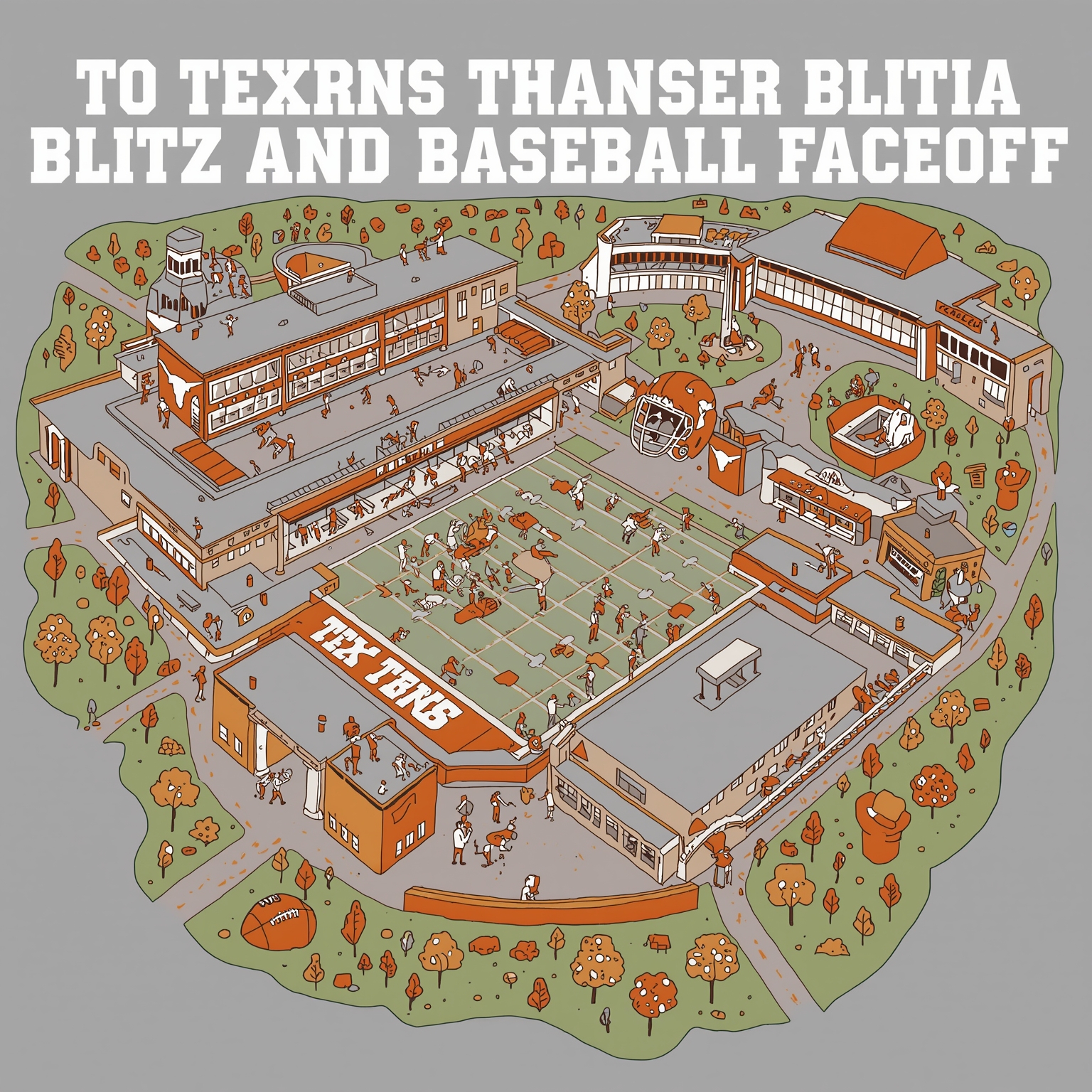 Longhorns Transfer Blitz and Baseball Faceoff - painting of Texas Longhorns basketball, baseball, football venue
