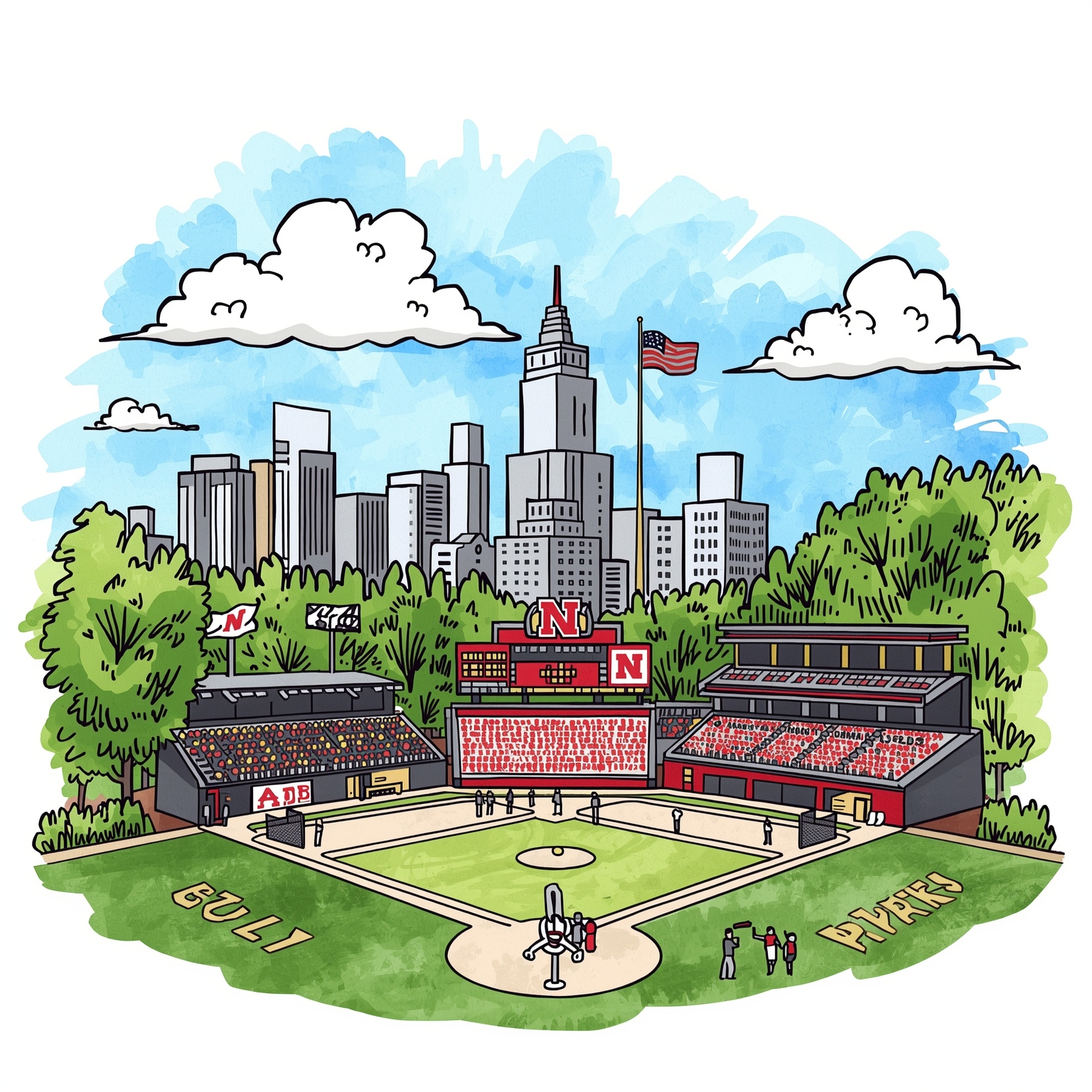 Nebraska Future: Softball, Stadium, Basketball & Football - painting of Nebraska Cornhuskers softball, football, basketball venue