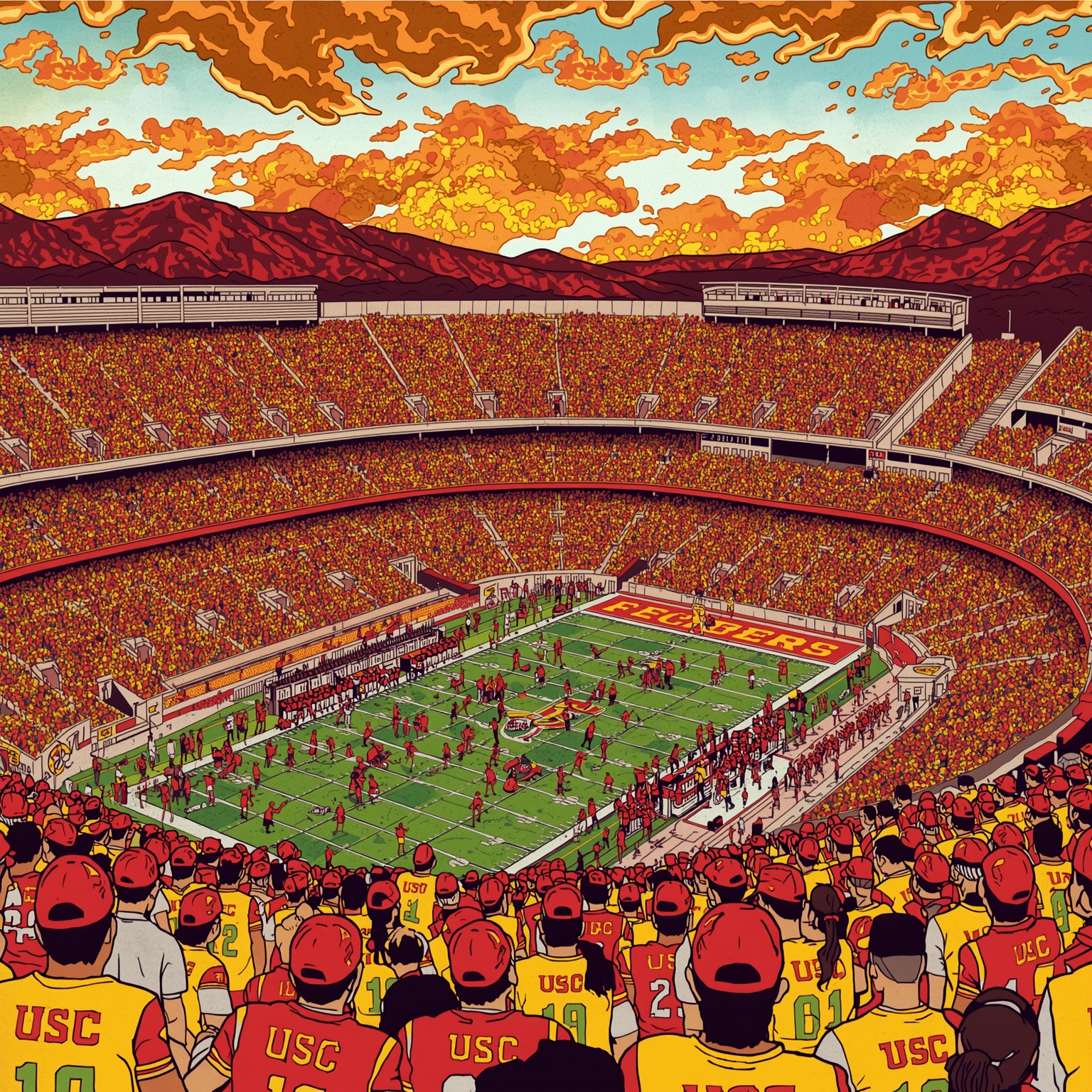 Trojans Troll Rivals, Hype Lemon, and Mend Minds - painting of USC Trojans football venue