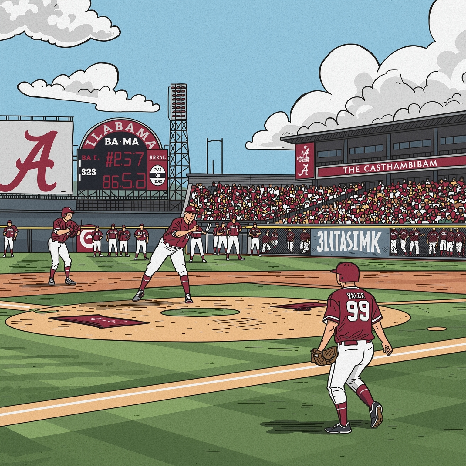 Bama Baseball Struggles, Softball’s Walk-Off, Saban’s Concert - painting of Alabama Crimson Tide baseball,softball venue
