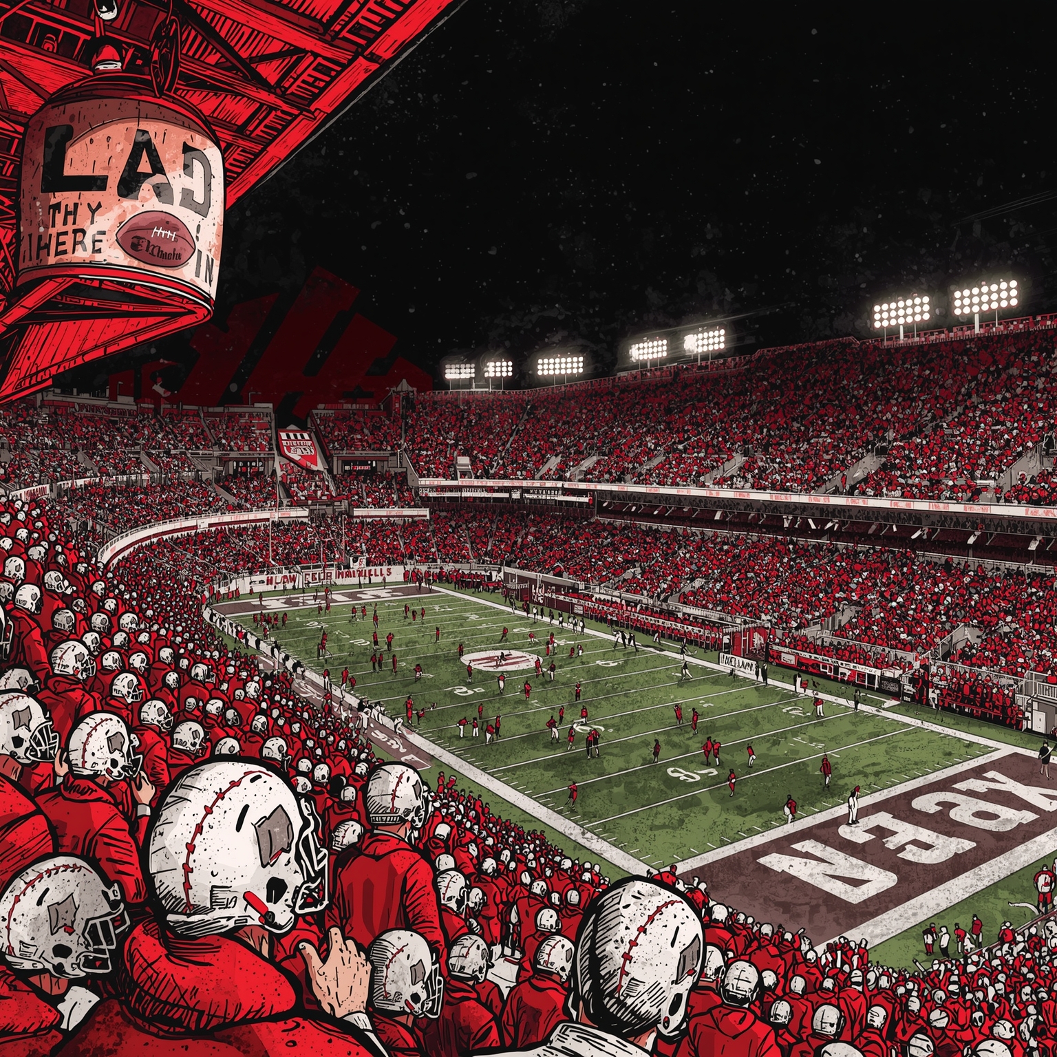 Huskers' Momentum: Top Recruit, Rebuilds & Run-Rules - painting of Nebraska Cornhuskers football, baseball, softball, basketball venue