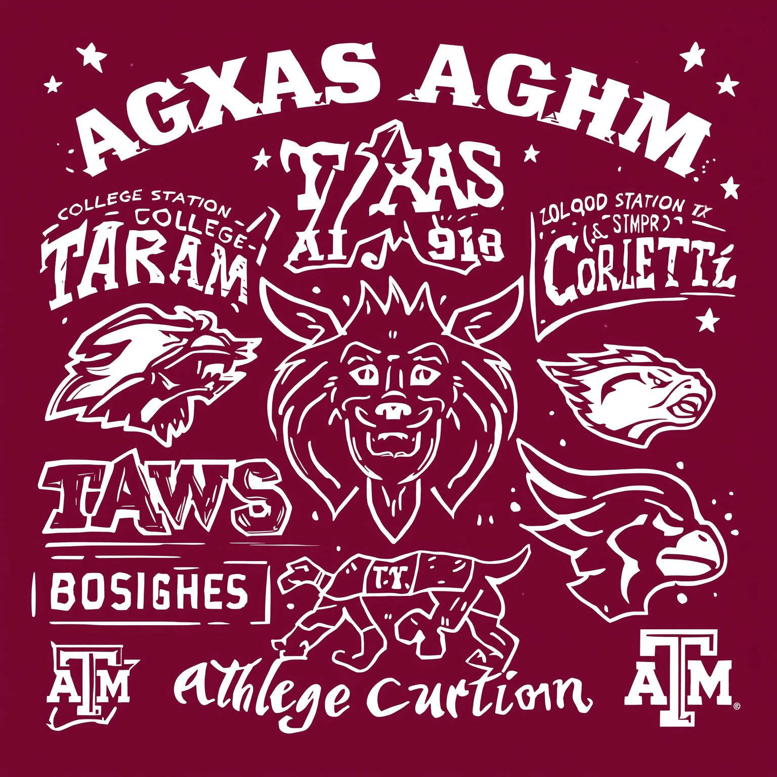 Aggie Assets, Aches and Athletic Antics - painting of Texas A&M Aggies baseball, football venue