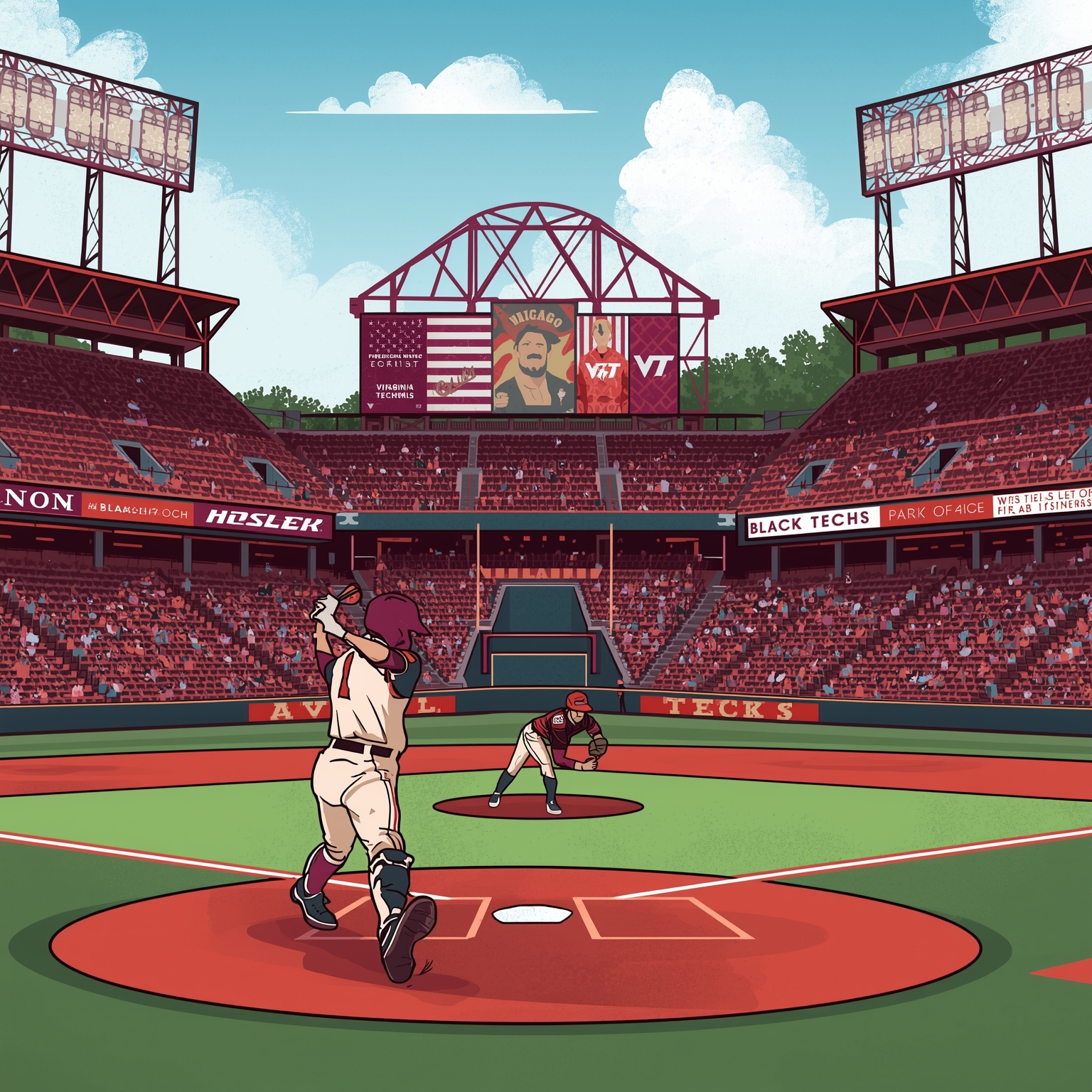 Hokies Shake Up ACC Baseball and Softball Standings - painting of Virginia Tech Hokies baseball, softball venue