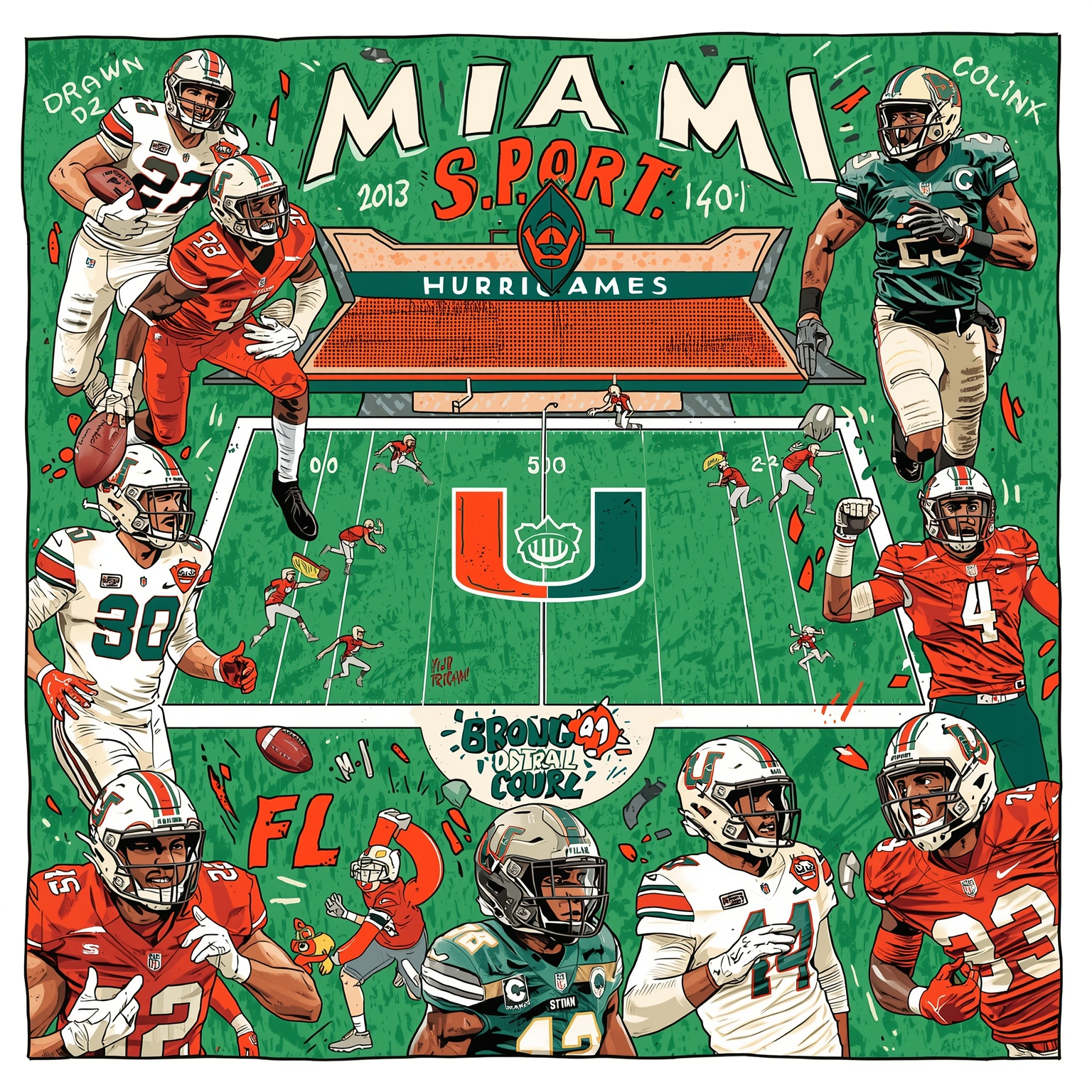 Miami Hurricanes: From Recruits to NFL Prospects - painting of Miami Hurricanes football,basketball venue