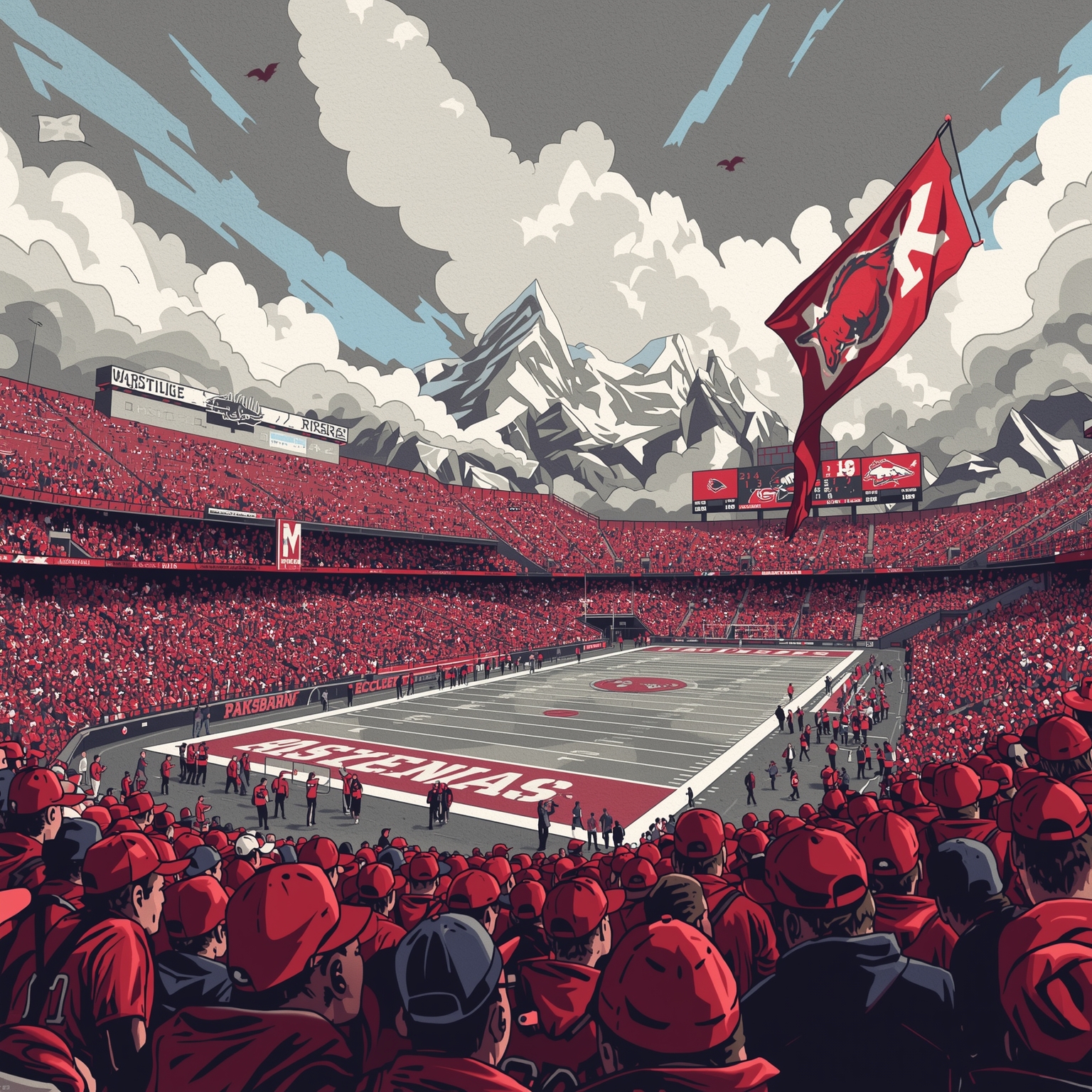 Arkansas Hogs: Recruits, Big Runs, and Fan Frays - painting of Arkansas Razorbacks football, baseball venue
