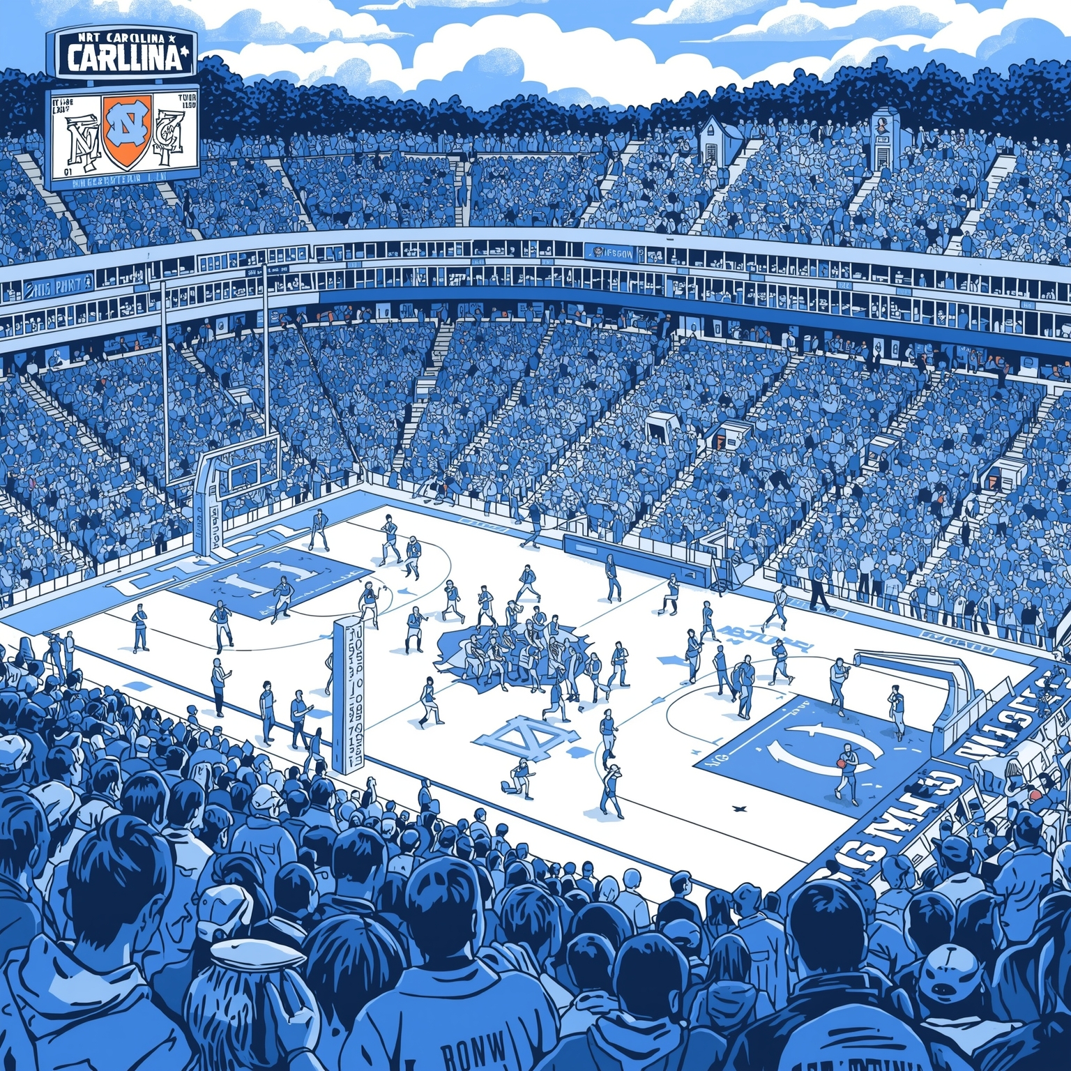 Tar Heels Transfer Portal Mania: Basketball and Football - painting of North Carolina Tar Heels basketball, football venue