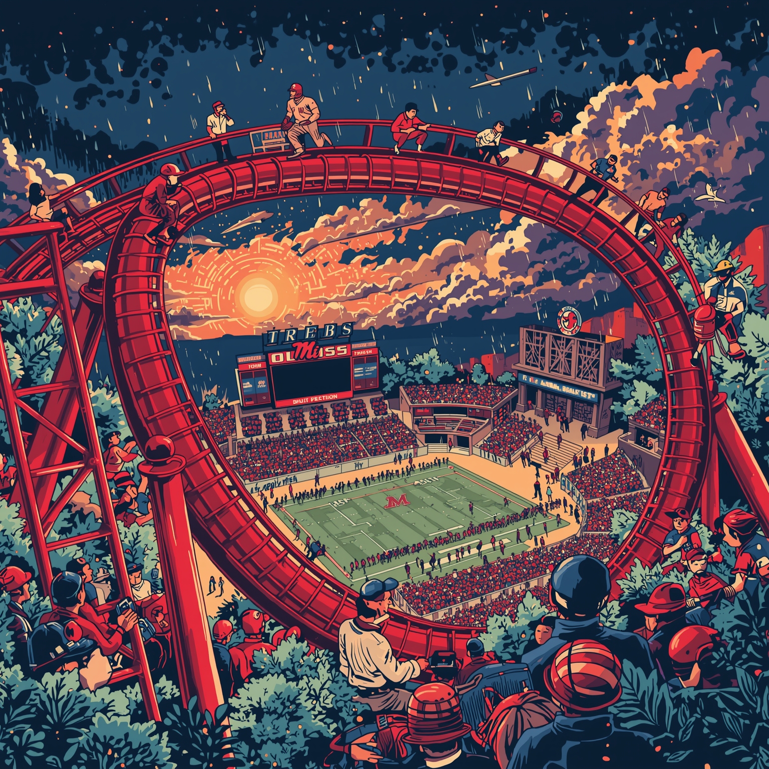 Ole Miss Rollercoaster: Rainouts, Drafts & Recruits - painting of Ole Miss Rebels baseball, football venue
