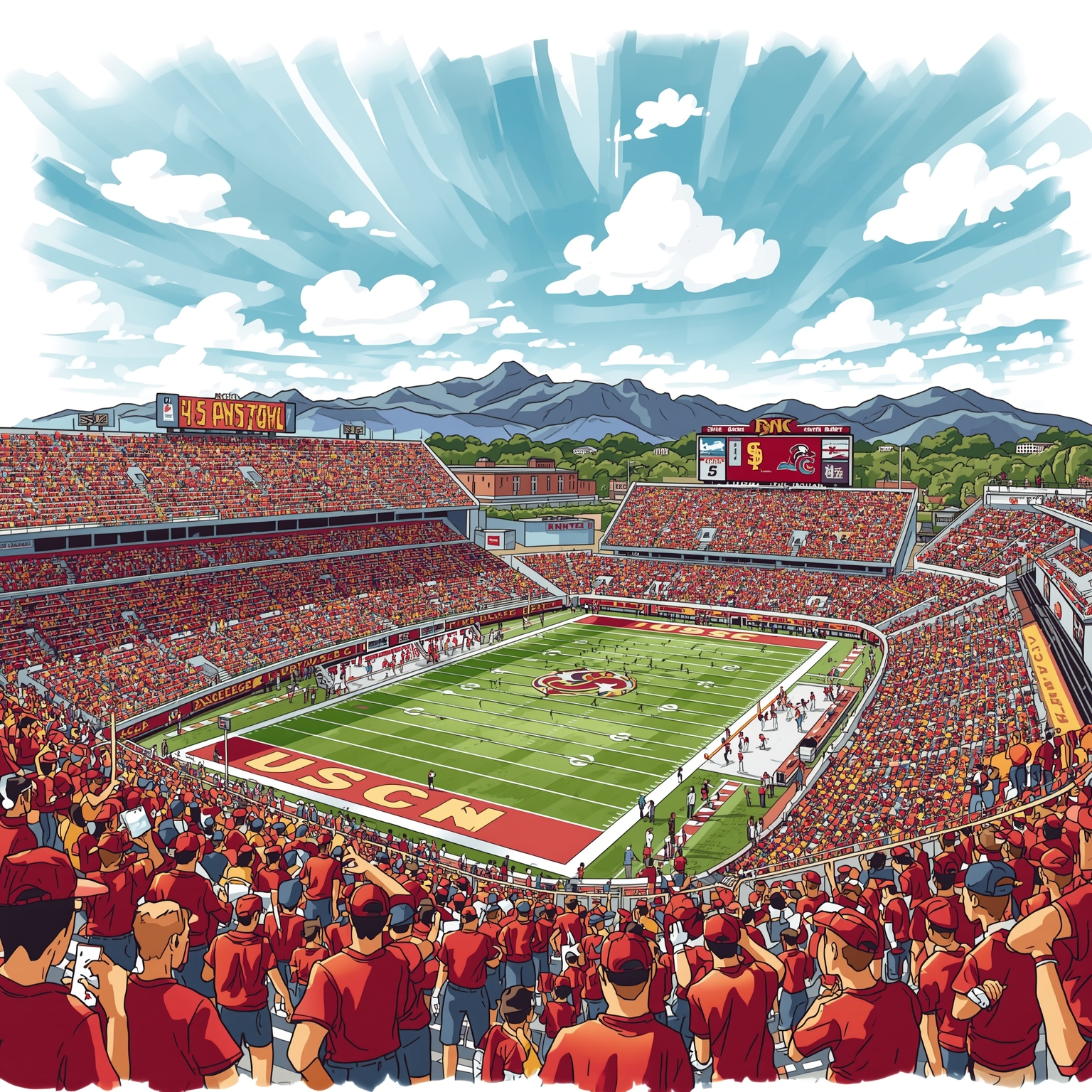 USC Trojans Reboot: Losses, Returns, and Title Hopes - painting of USC Trojans football, basketball venue