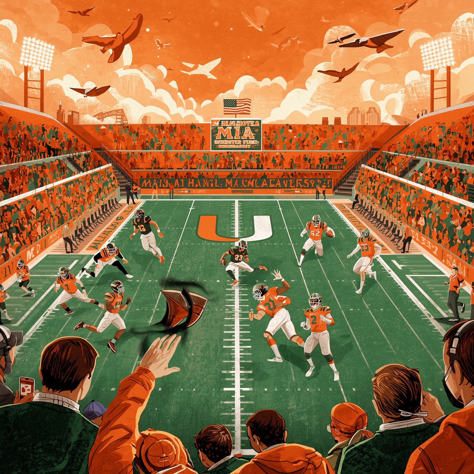 Miami's Roster Race: Recruits and Transfers Heat Up - painting of Miami Hurricanes football, basketball venue