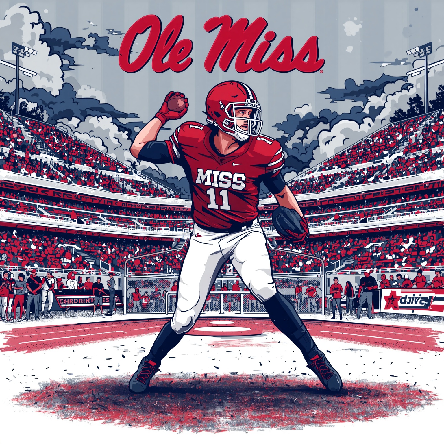 Ole Miss Sports: Gameplans, Star Pitchers & Coaching Wins - painting of Ole Miss Rebels football, baseball, golf venue