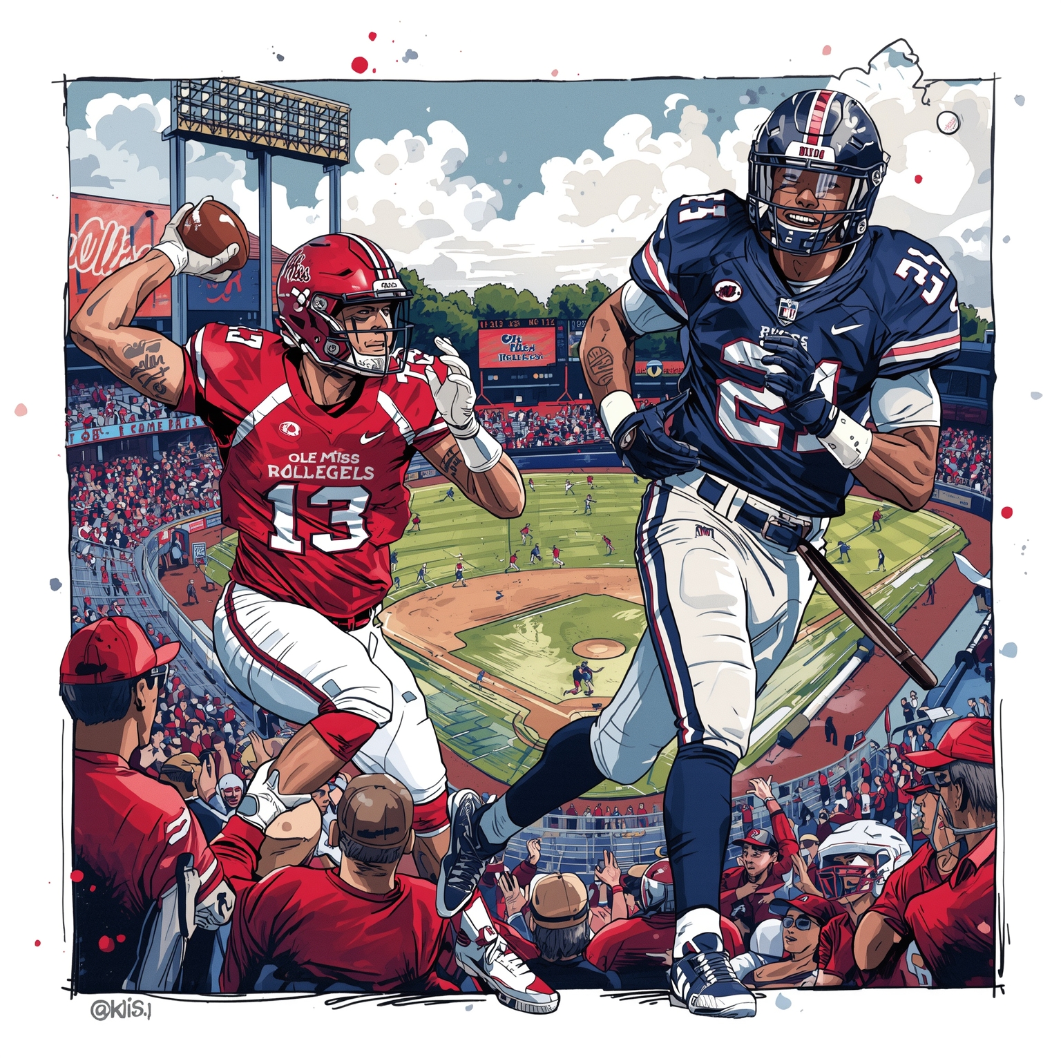 Rebels’ High Stakes: Baseball Battles and Football’s NIL Game - painting of Ole Miss Rebels baseball,football venue