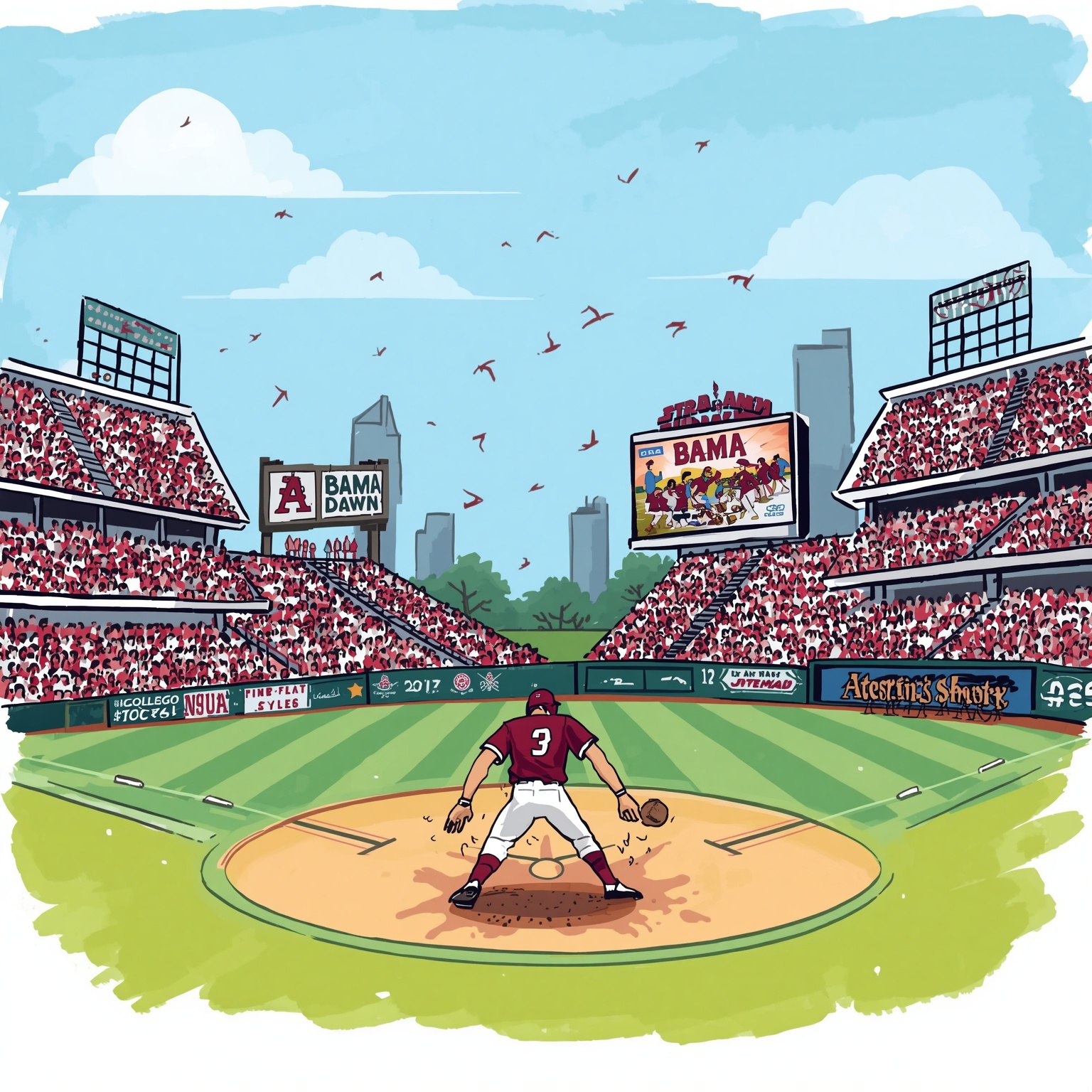 Crimson Tide’s Tournament Flop and Recruit Reaction - painting of Alabama Crimson Tide softball, football venue