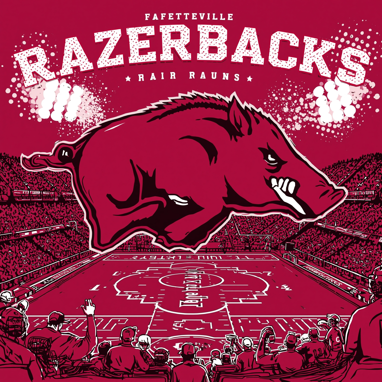 Razorbacks’ Revivals on Diamond and Gridiron - painting of Arkansas Razorbacks baseball, football venue