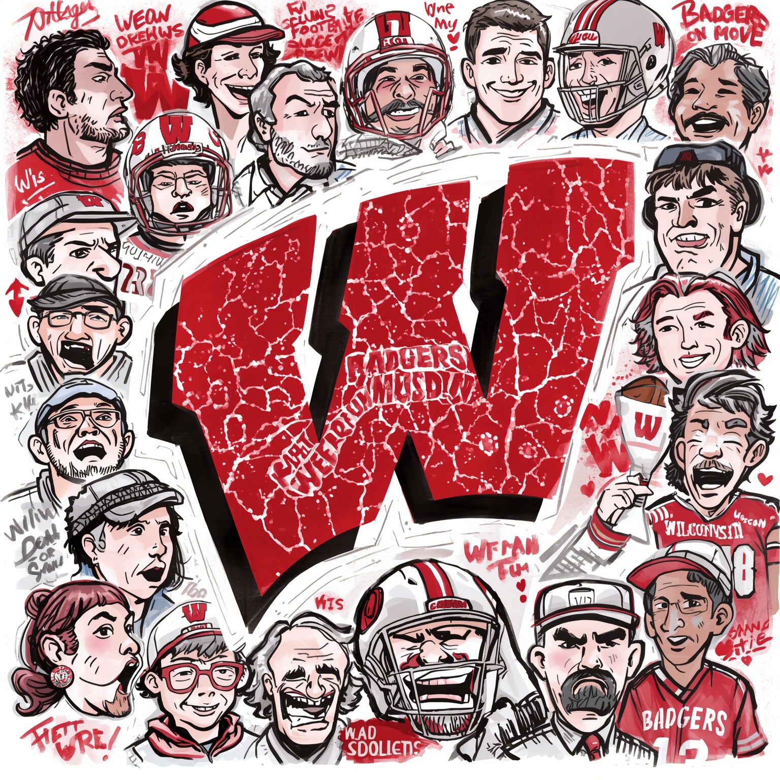 Badgers on the Move: Bench, Field & Future Stars - painting of Wisconsin Badgers football, basketball venue