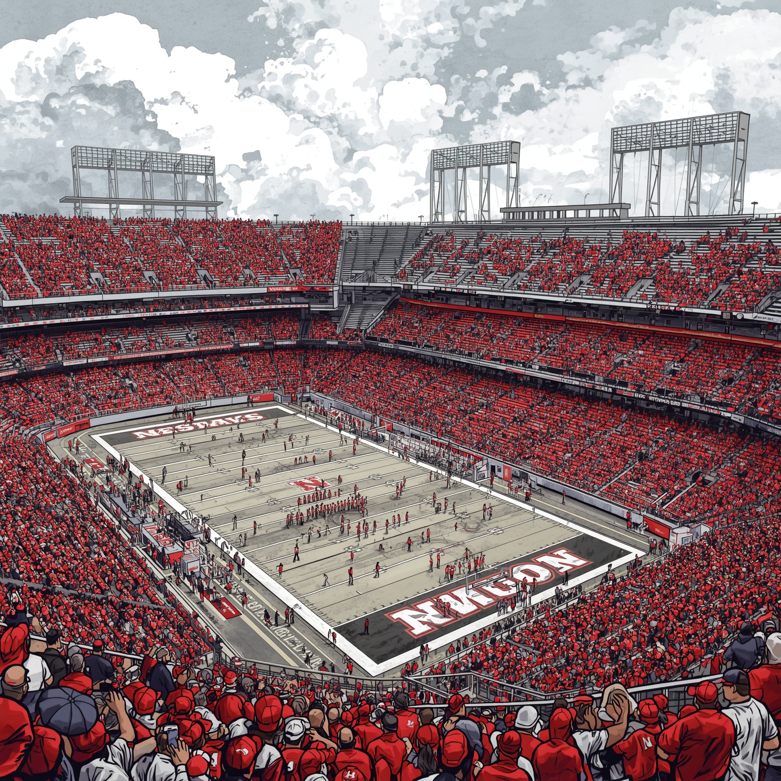 Nebraska Athletics: Lawsuits, Rivalry Sweeps & Seeding Chaos - painting of Nebraska Cornhuskers football, softball, baseball venue