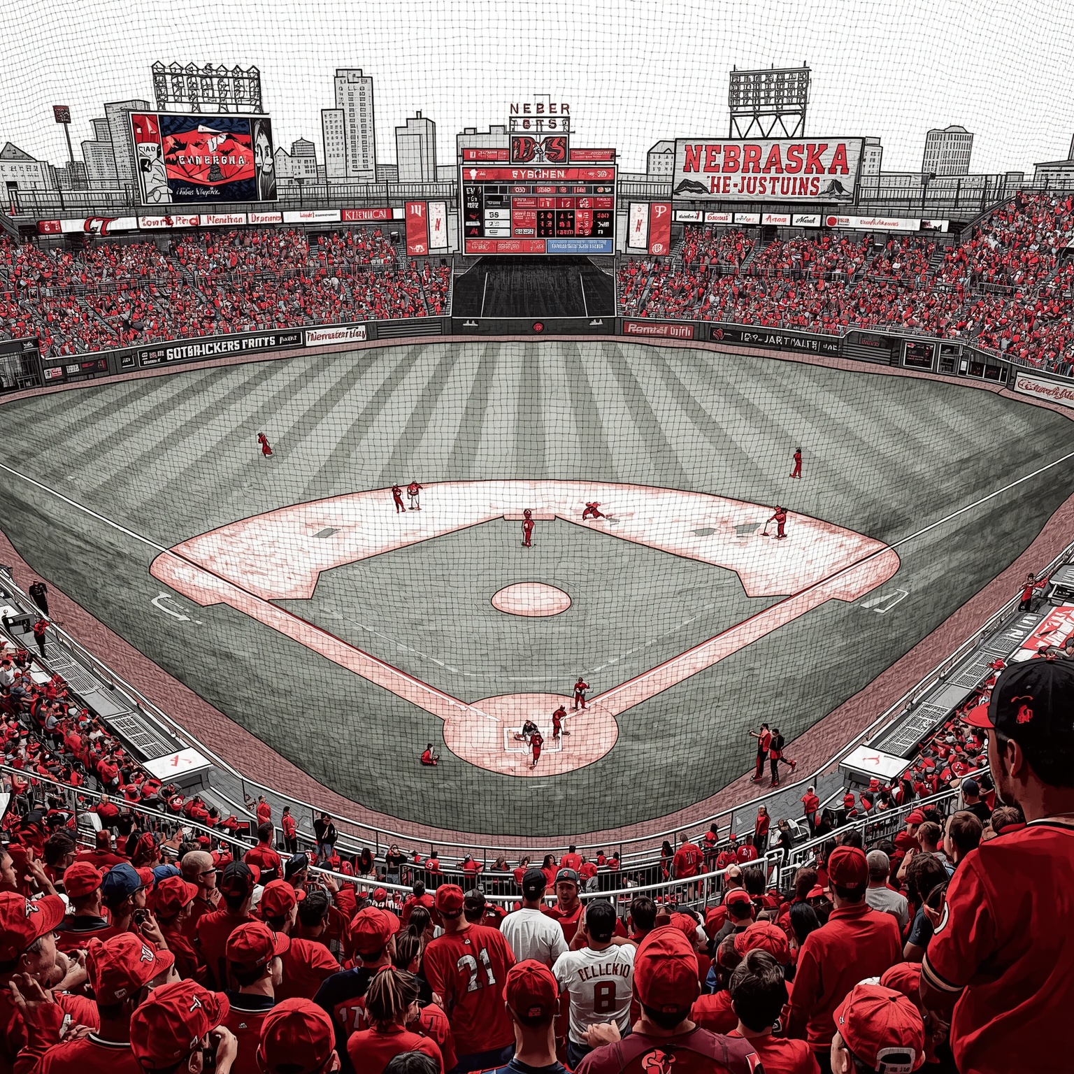 Nebraska Diamond Drama: Softball Triumphs & Baseball Bracket - painting of Nebraska Cornhuskers baseball,softball venue