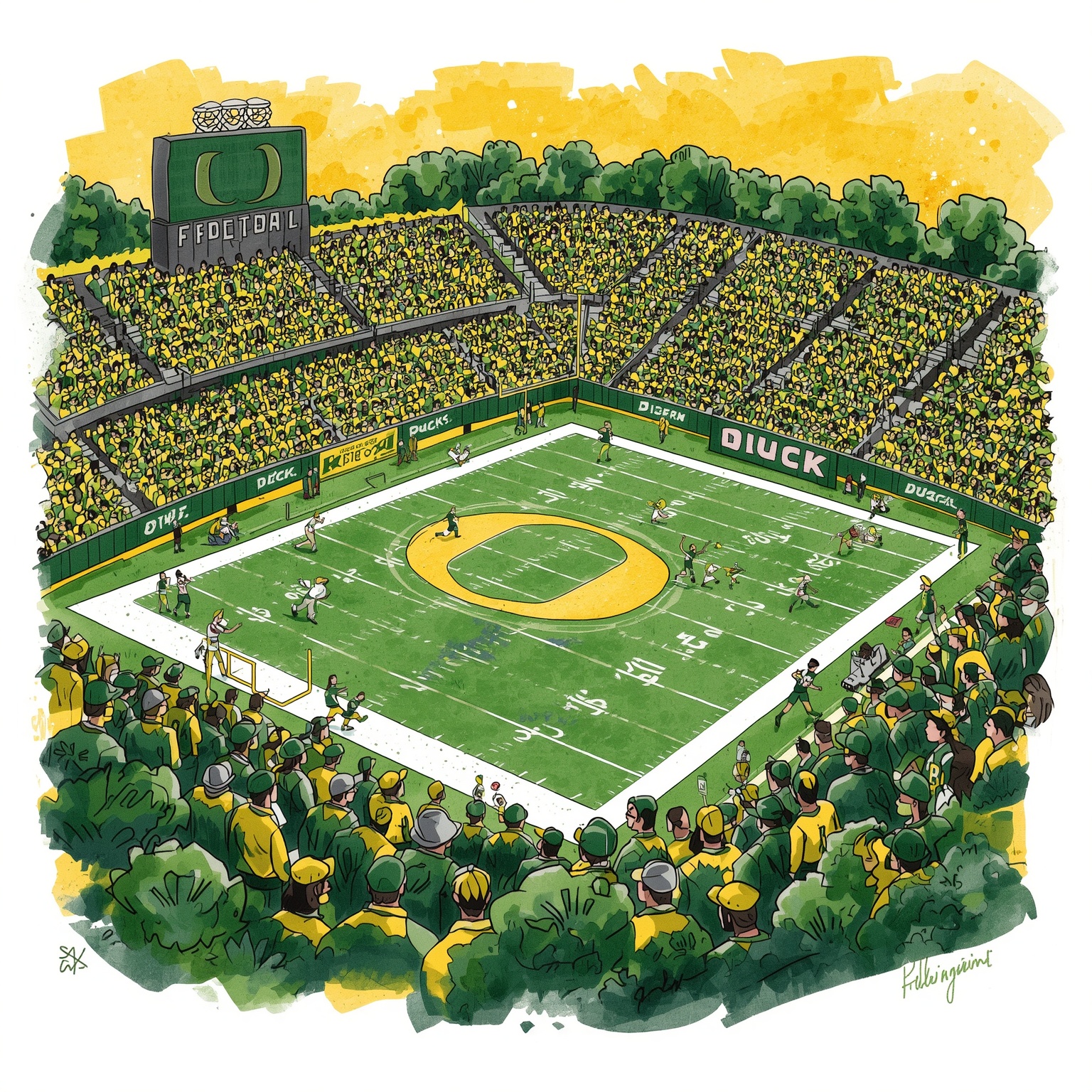 Ducks' Dual Showcase: NFL Pipeline & Title Hype - painting of Oregon Ducks football venue