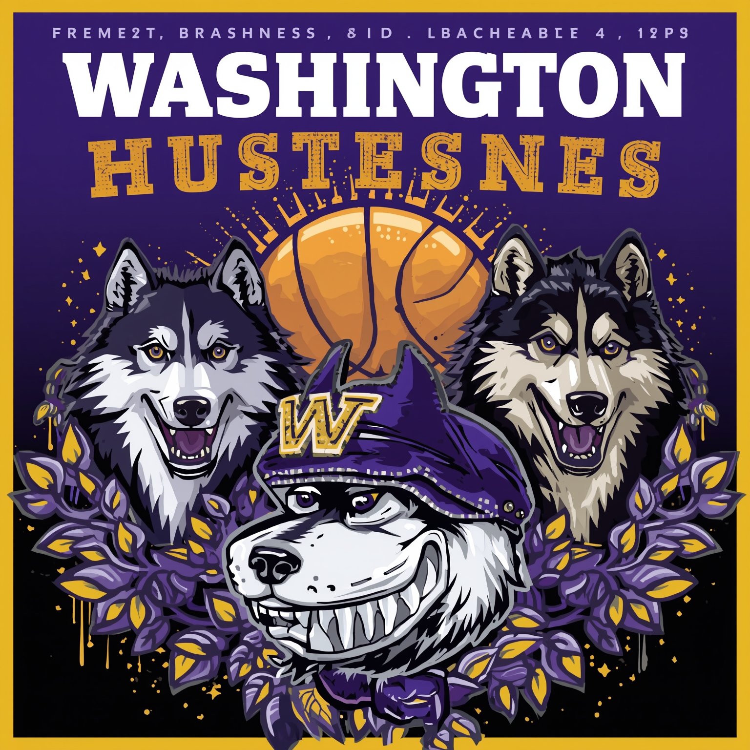 From Court Brashness to Husky Spring Football - painting of Washington Huskies basketball, football venue