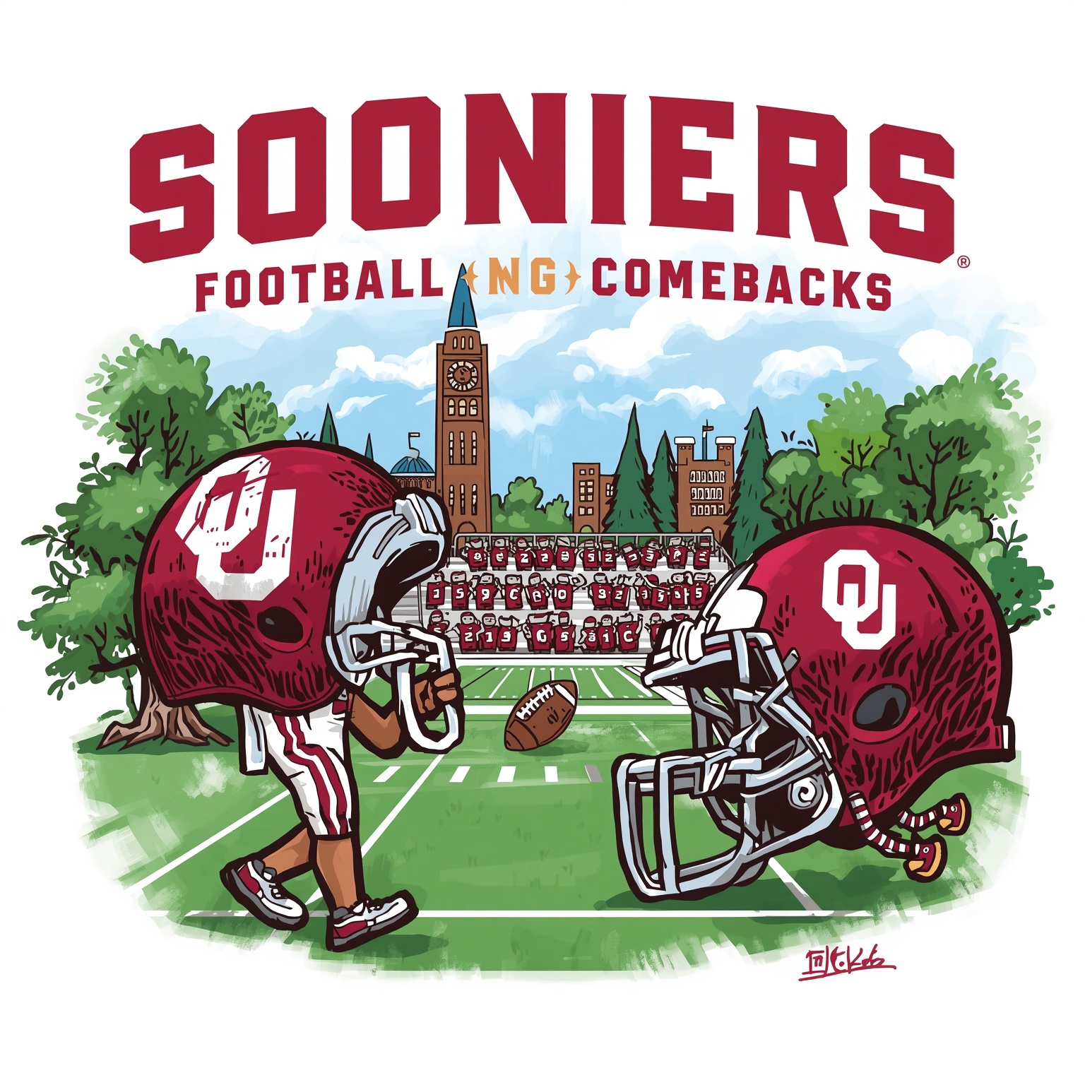Sooners Coaching Trees, Awards & QB Comebacks - painting of Oklahoma Sooners football, softball venue